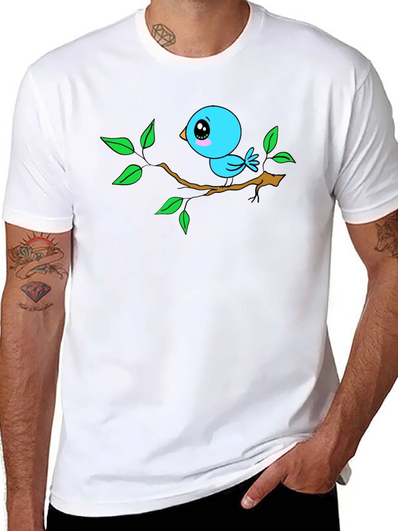 Cartoon Bird on Branch Black T-Shirt
