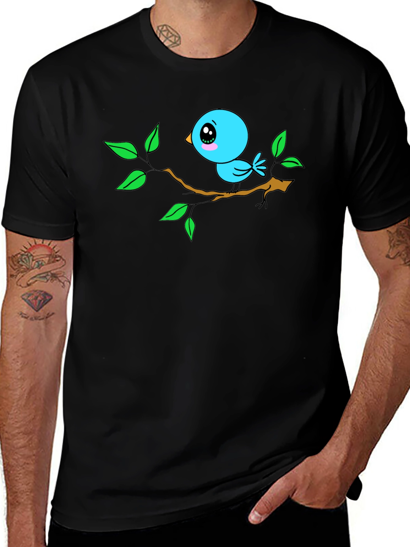 Cartoon Bird on Branch Black T-Shirt