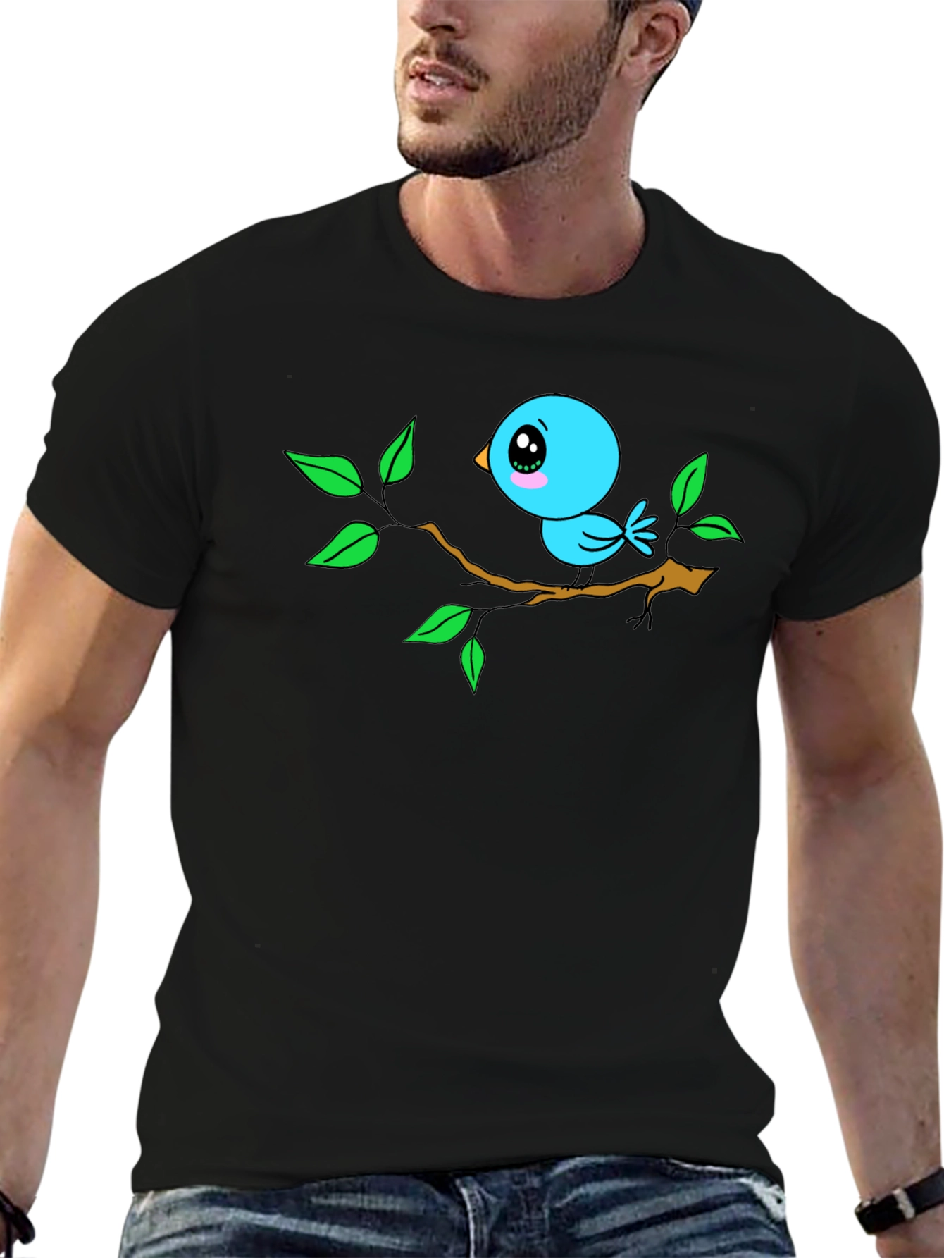 Cartoon Bird on Branch Black T-Shirt