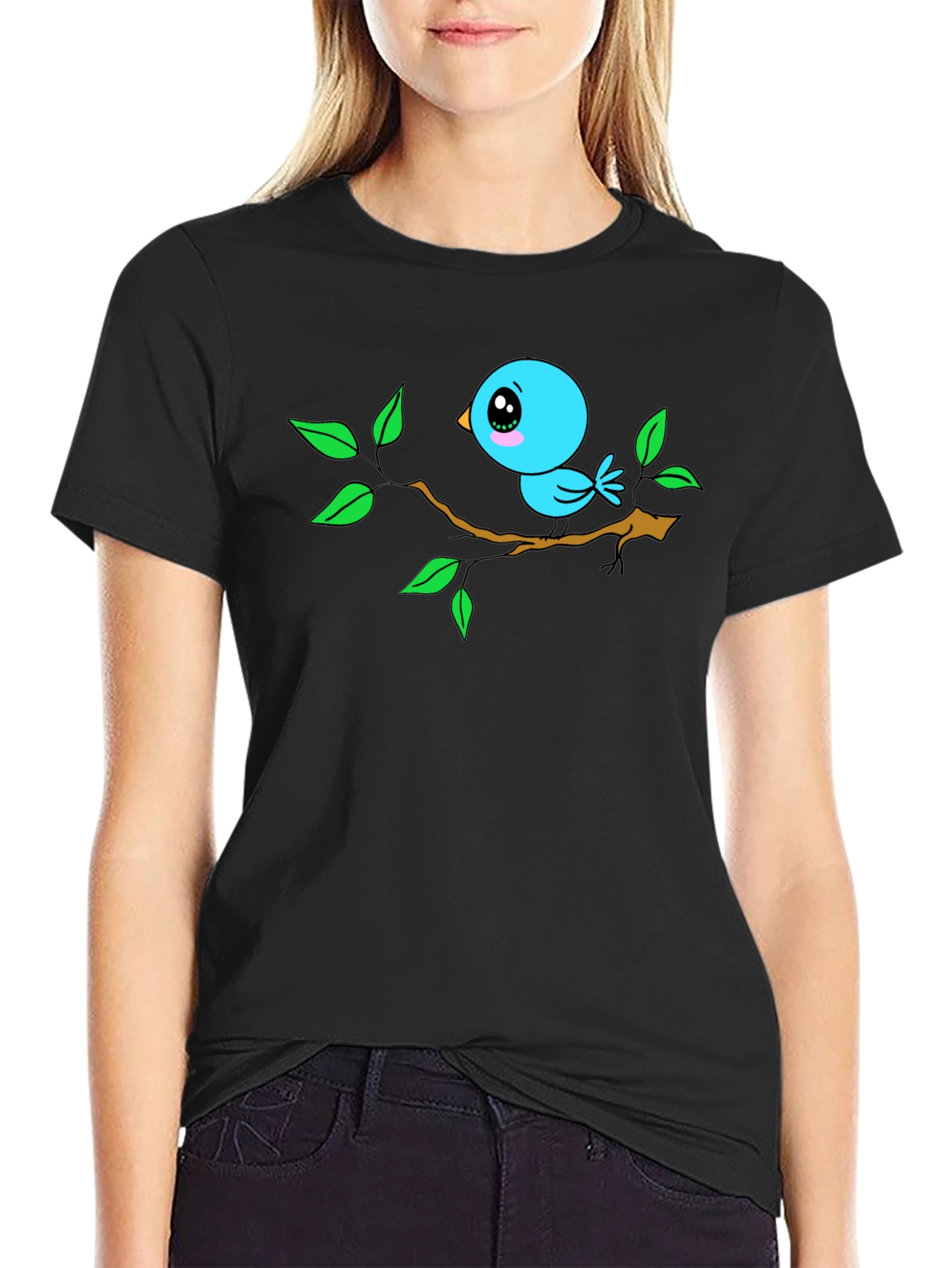 Cartoon Bird on Branch Black T-Shirt