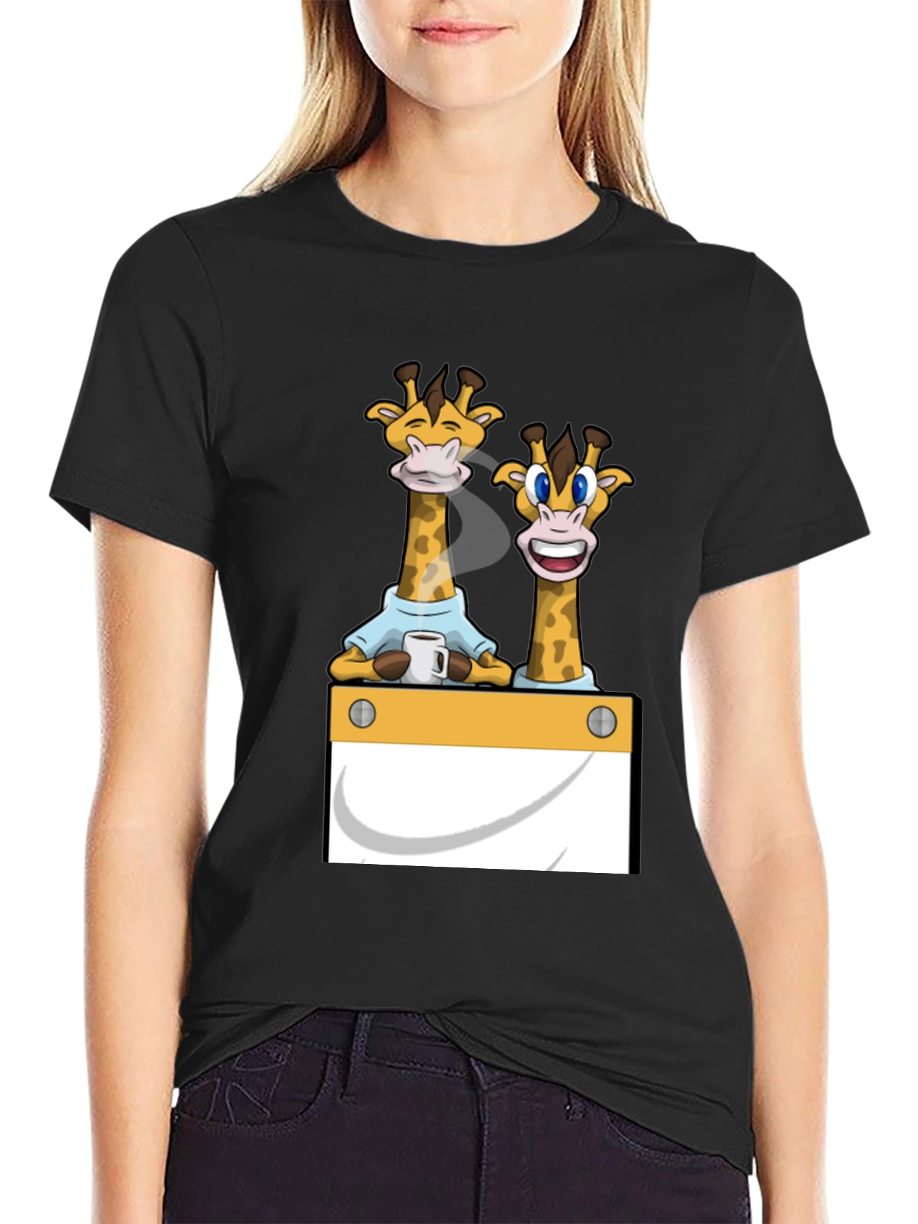 Giraffe Cartoon Graphic Print Black T-Shirt