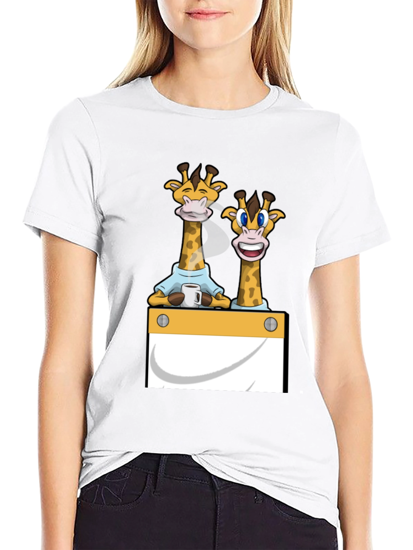 Giraffe Cartoon Graphic Print Black T-Shirt