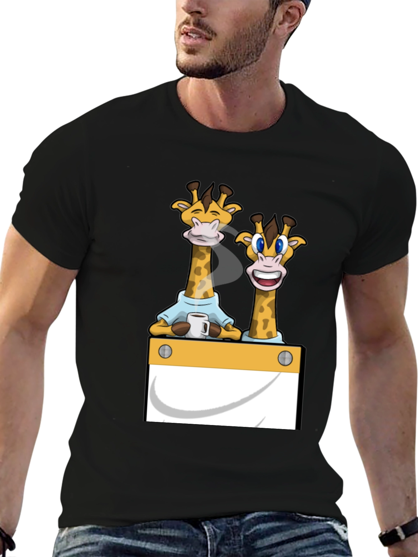 Giraffe Cartoon Graphic Print Black T-Shirt
