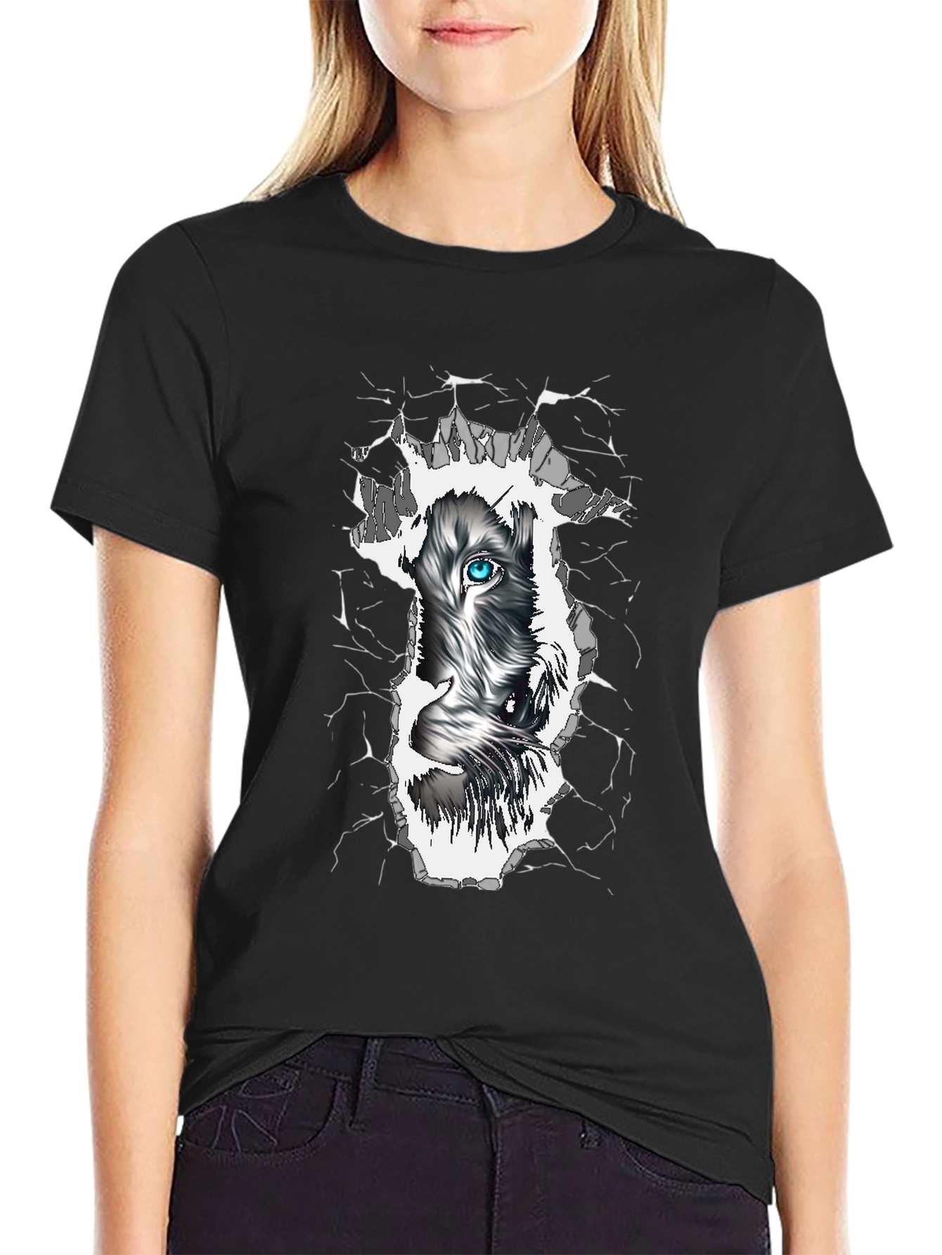 Wolf Eye Graphic Print Black T-Shirt