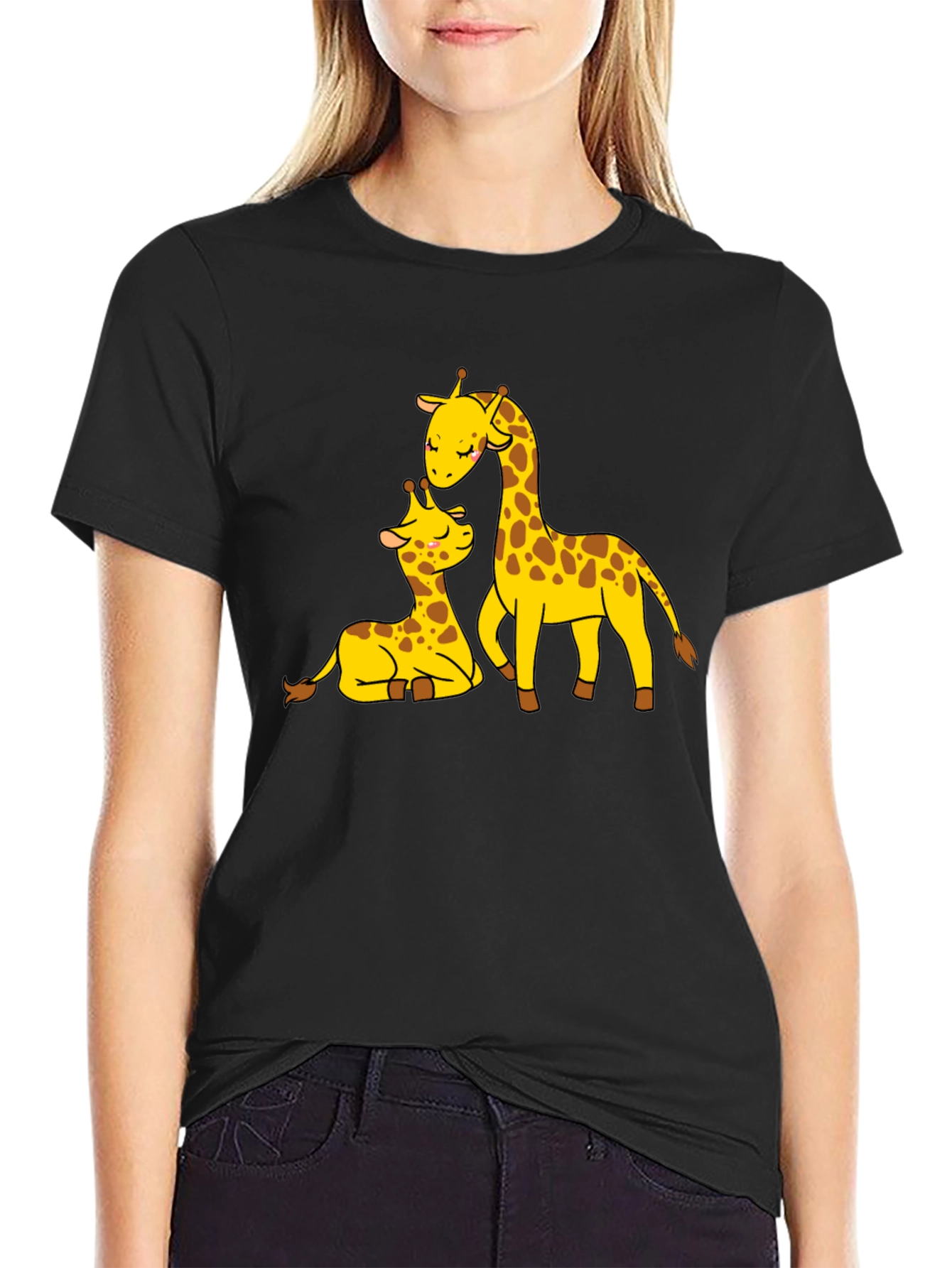 Cute Giraffe Family Black T-Shirt