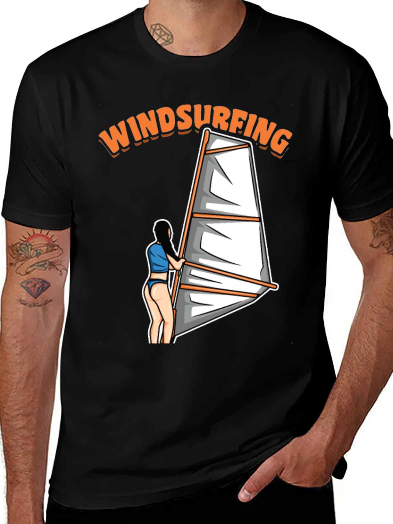 Windsurfing Graphic Tee - Black Cotton T-Shirt