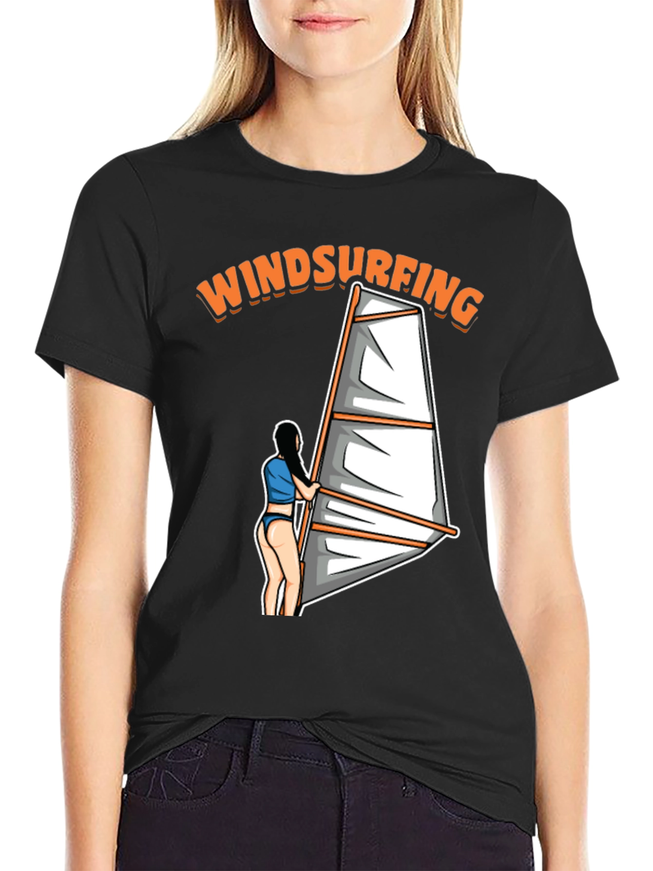 Windsurfing Graphic Tee - Black Cotton T-Shirt