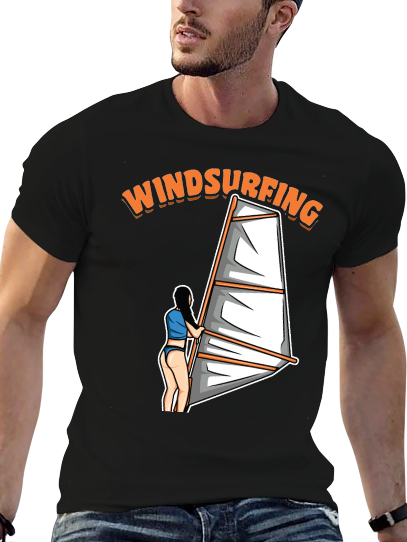 Windsurfing Graphic Tee - Black Cotton T-Shirt