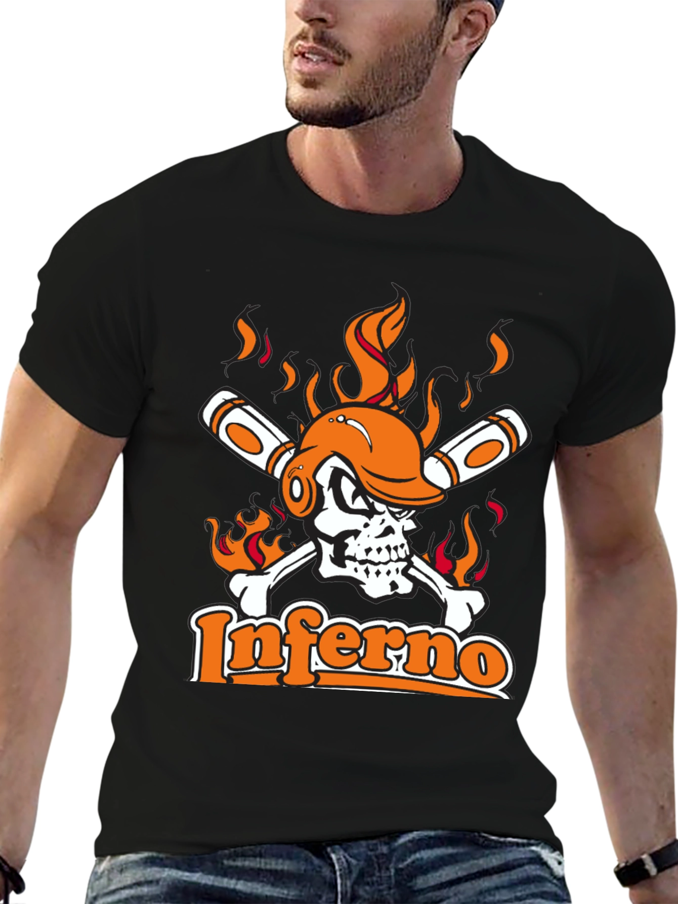 Inferno Baseball Skull Graphic Tee - Black