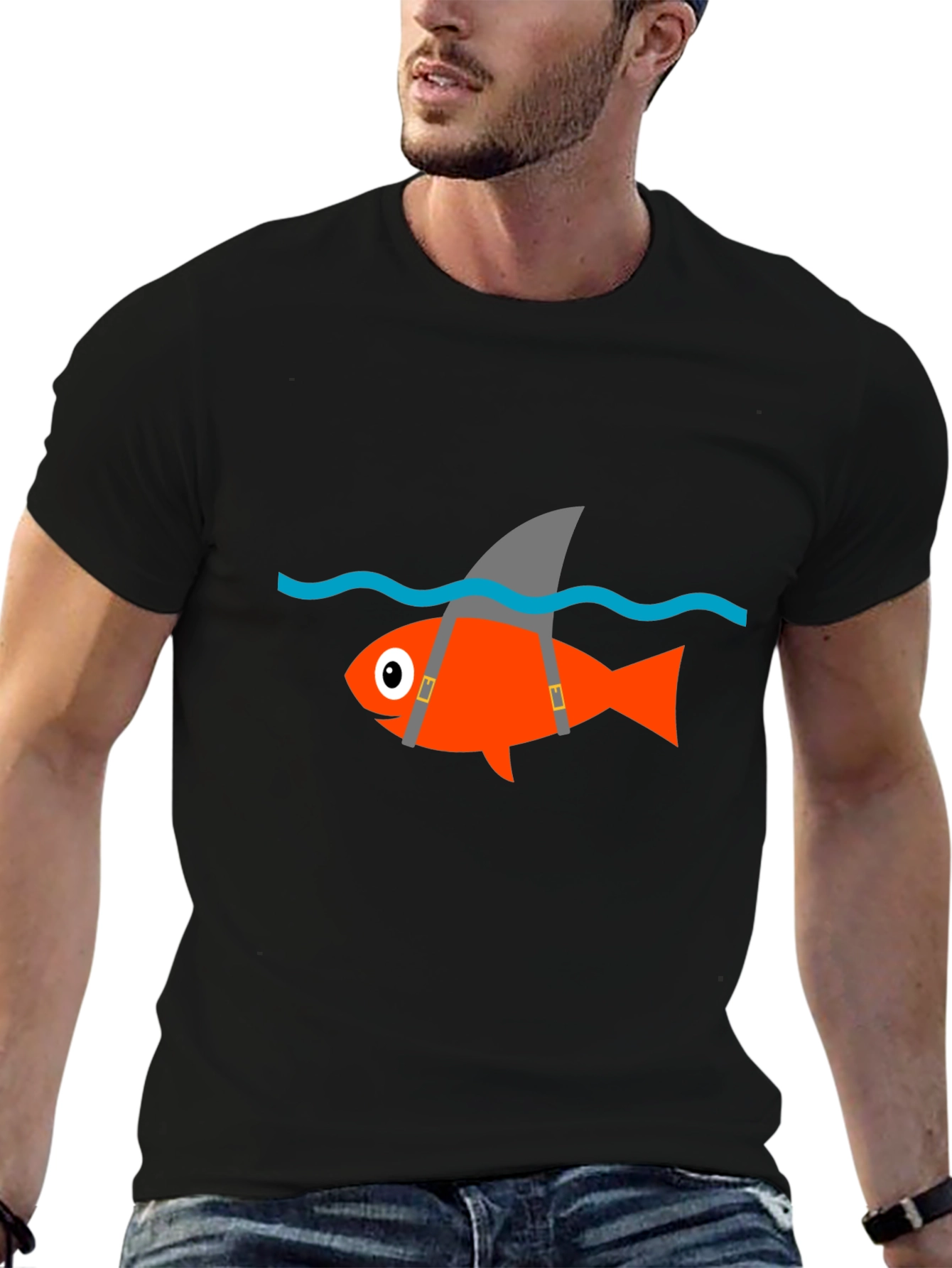 Funny Fish Shark Fin T-Shirt - Black Cotton Tee