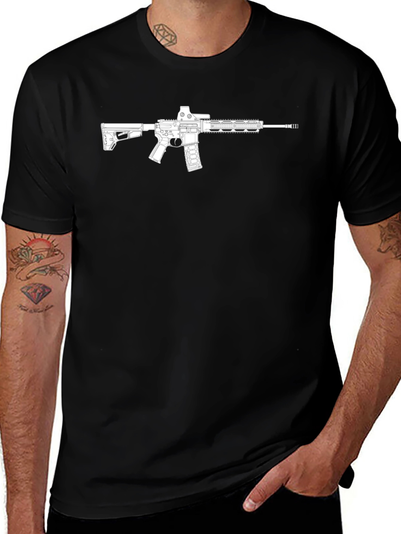 Gun Graphic T-Shirt - Black Cotton Casual Tee