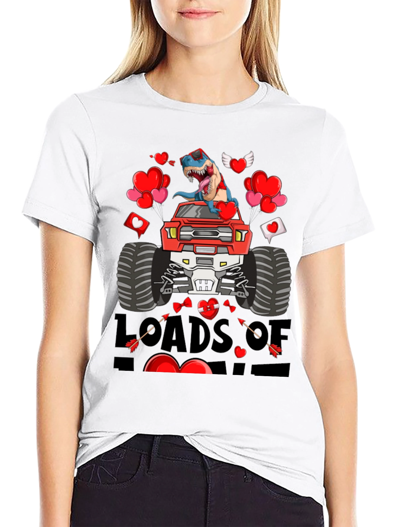 Loads of Love Dinosaur Truck Valentines Day T-Shirt
