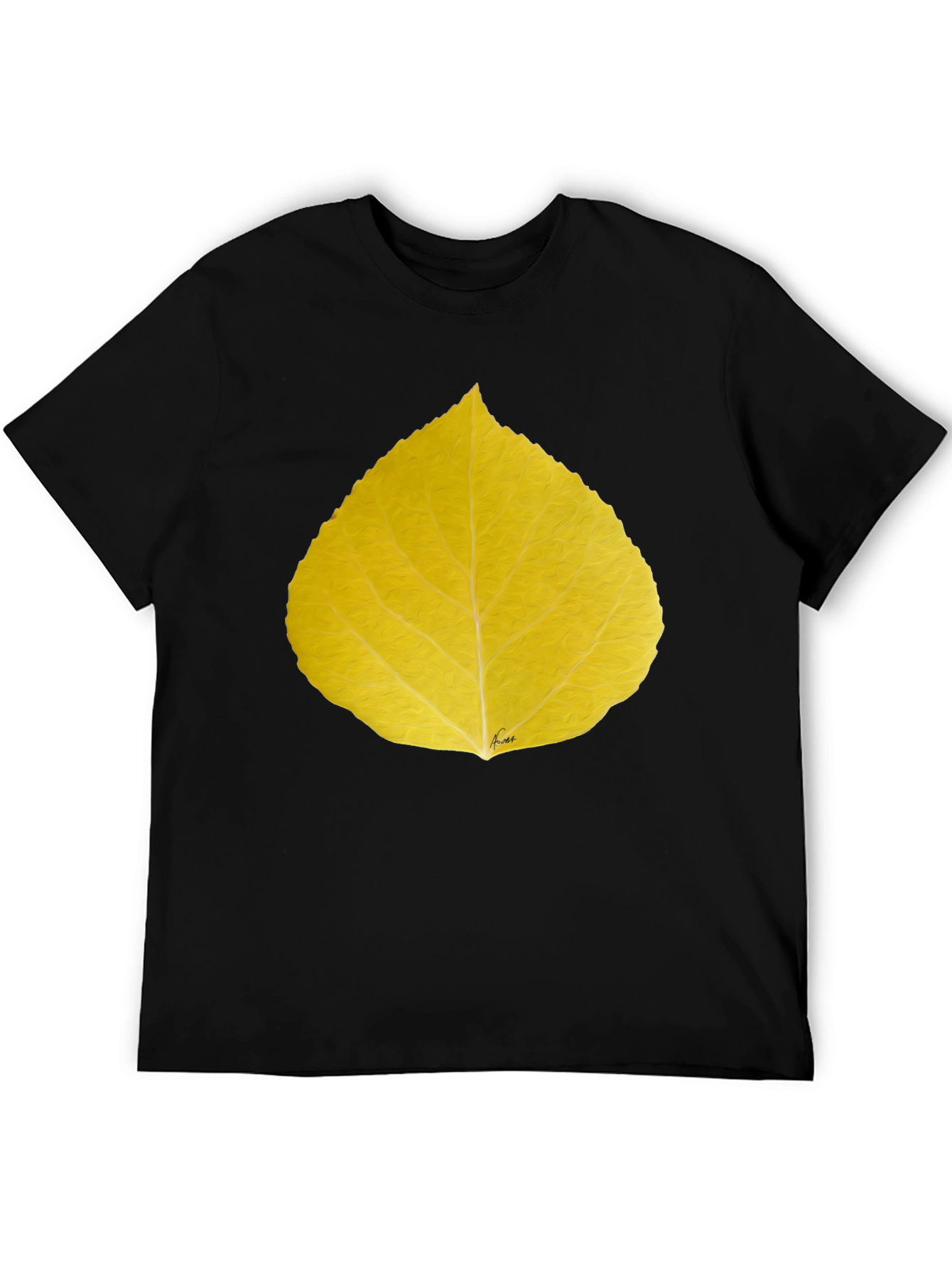 Yellow Leaf Print Black T-Shirt