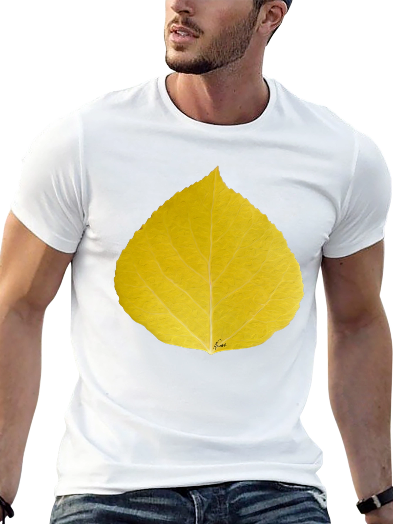 Yellow Leaf Print Black T-Shirt