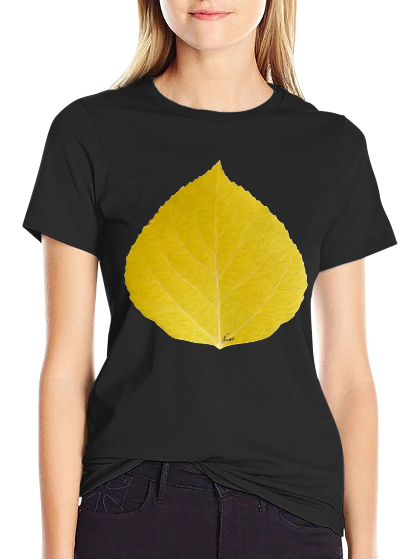 Yellow Leaf Print Black T-Shirt