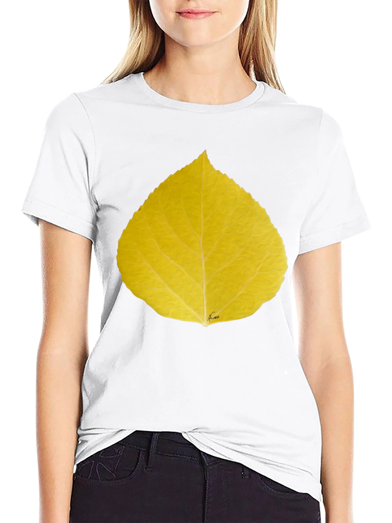 Yellow Leaf Print Black T-Shirt