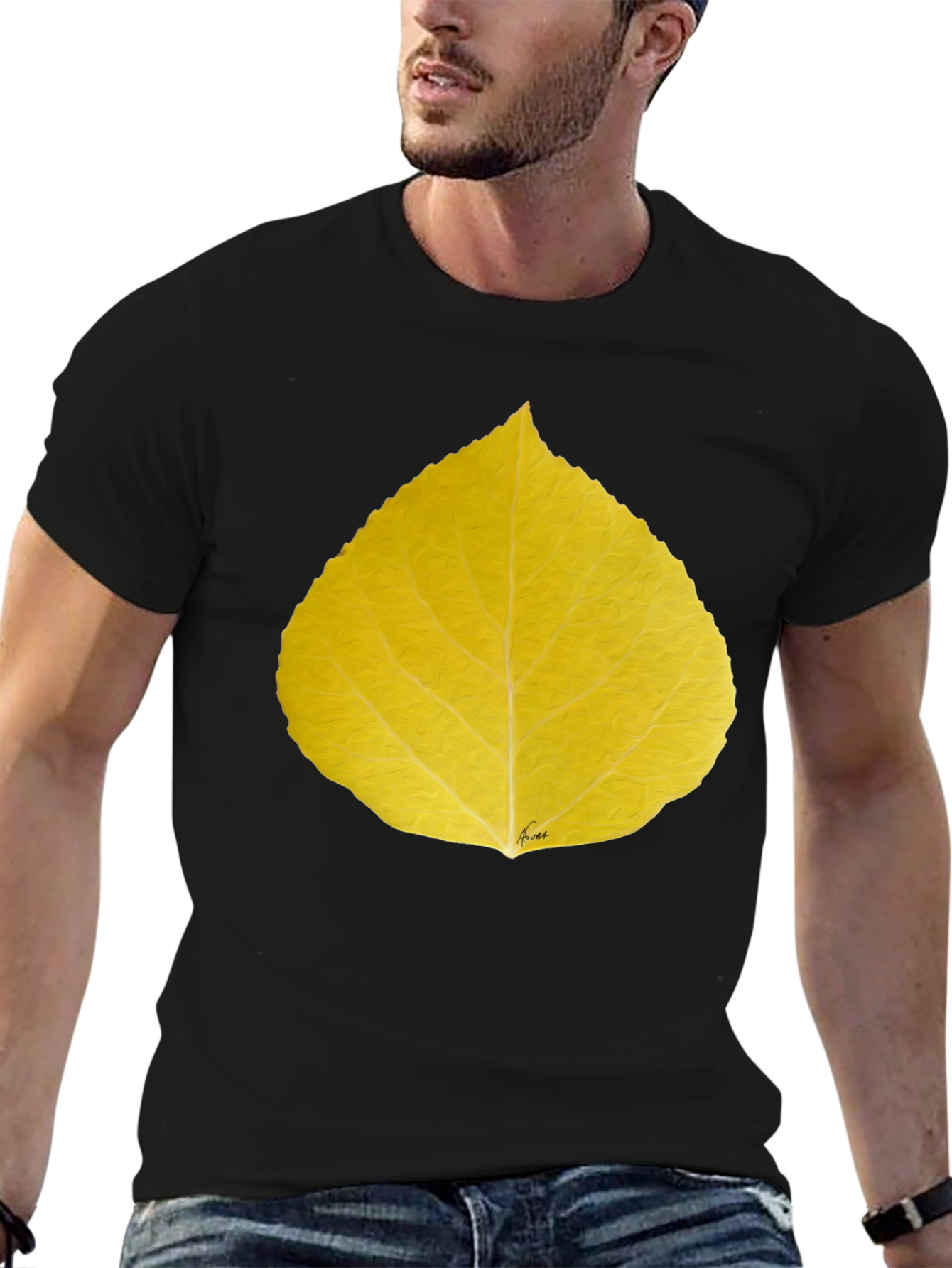 Yellow Leaf Print Black T-Shirt