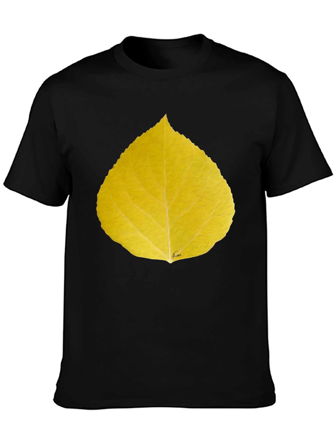 Yellow Leaf Print Black T-Shirt