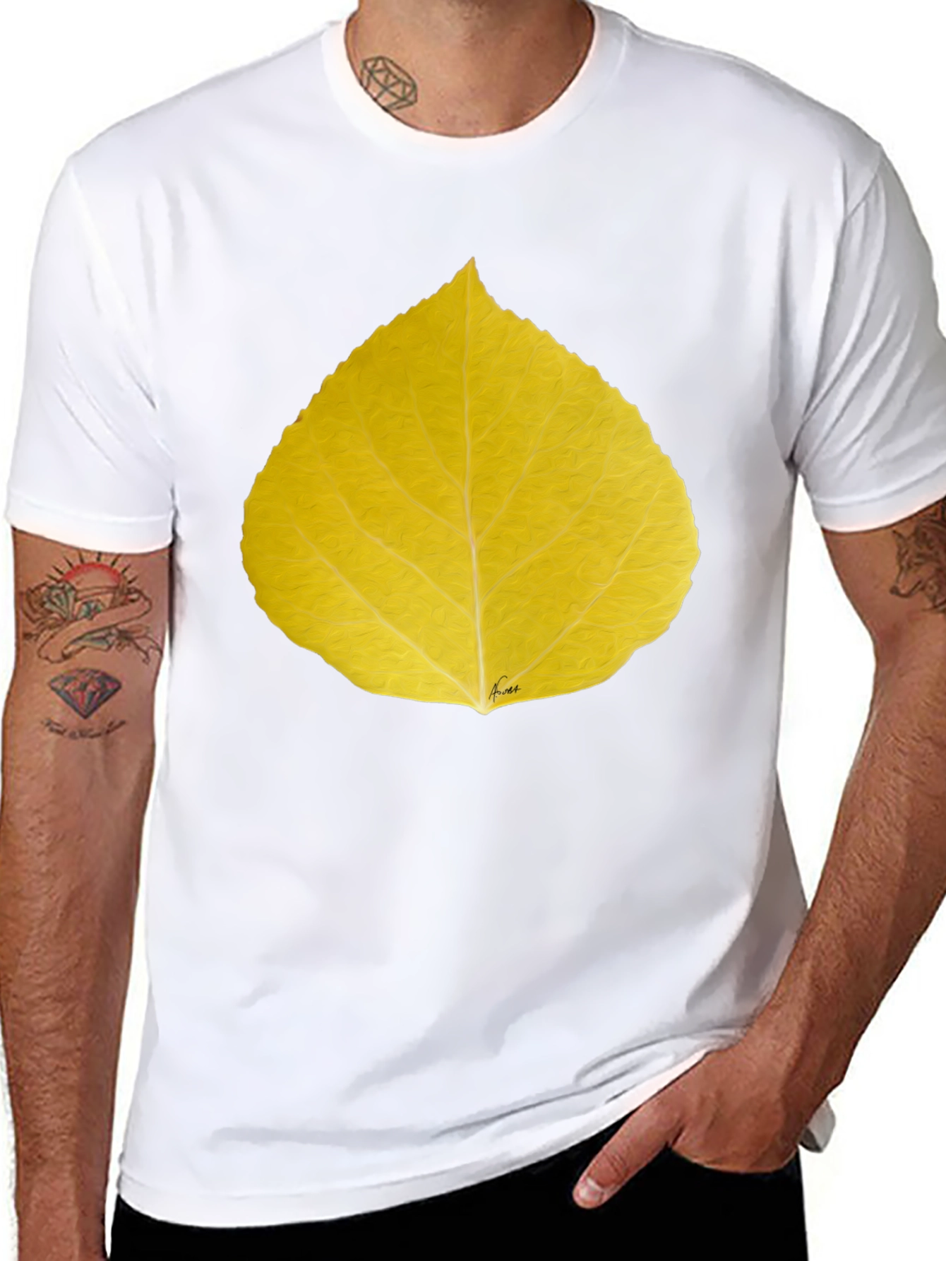 Yellow Leaf Print Black T-Shirt