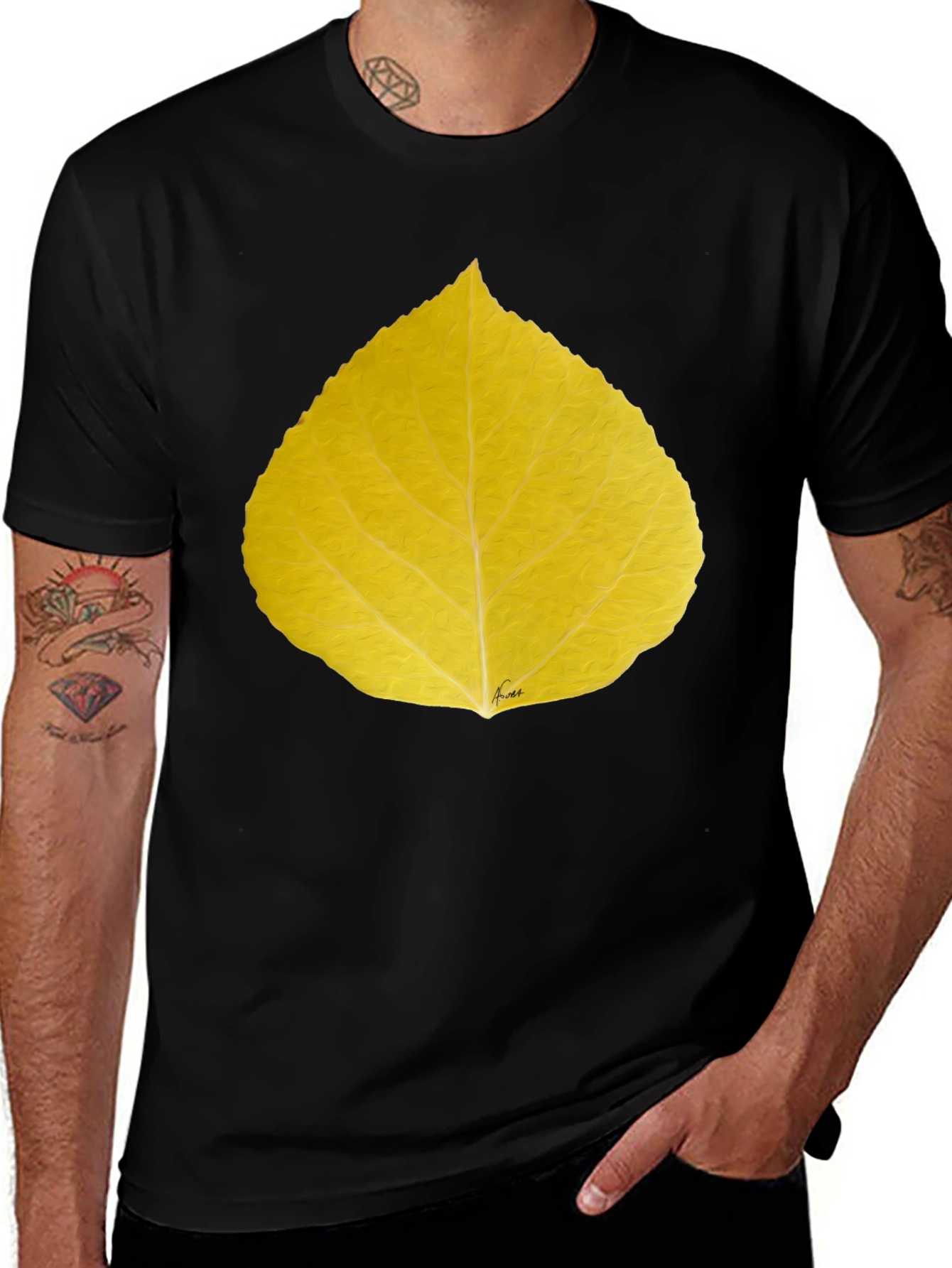 Yellow Leaf Print Black T-Shirt