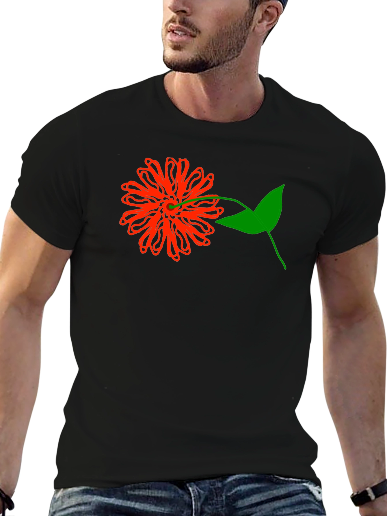 Red Flower Graphic Tee - Black Cotton T-Shirt