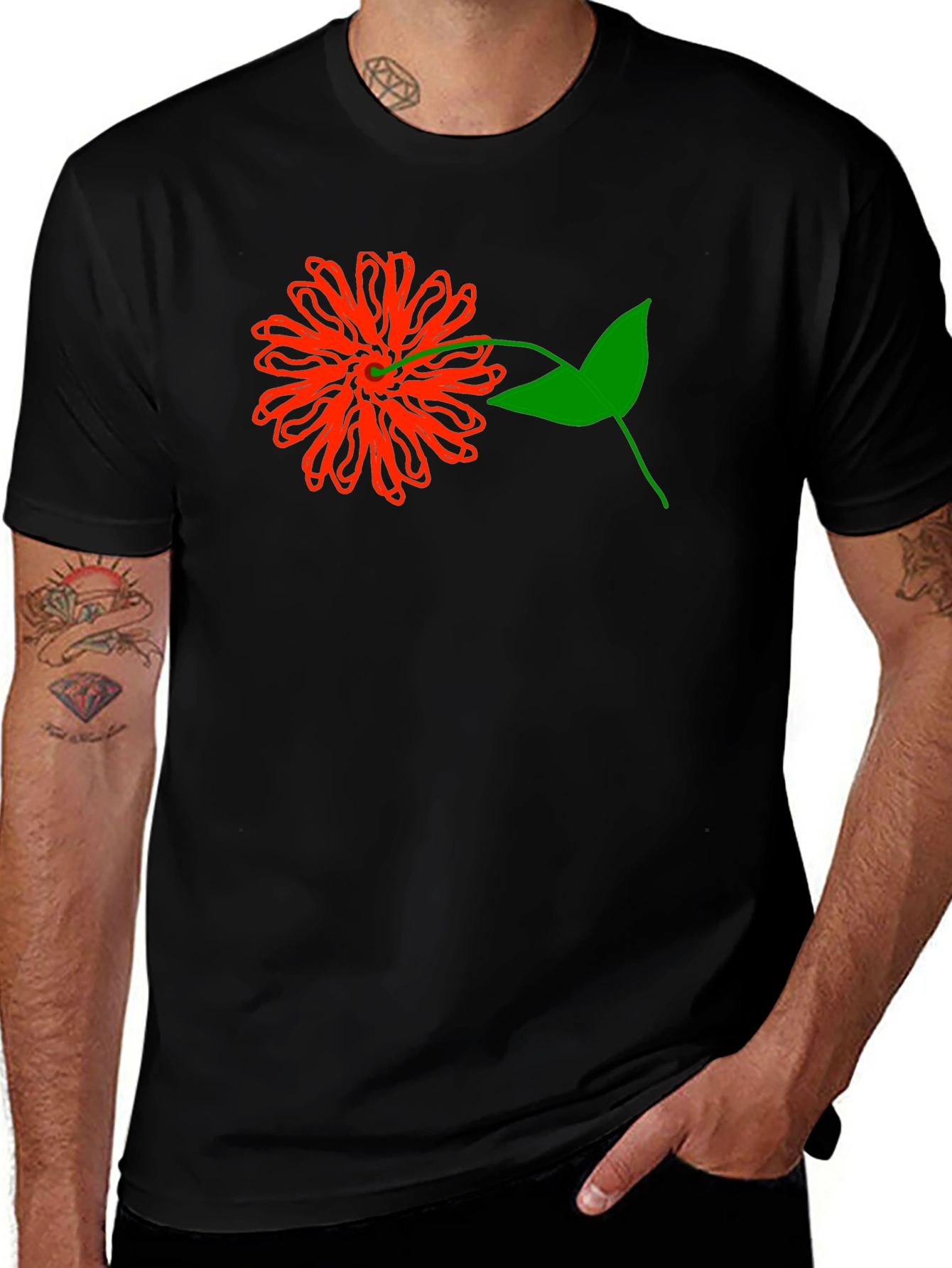 Red Flower Graphic Tee - Black Cotton T-Shirt