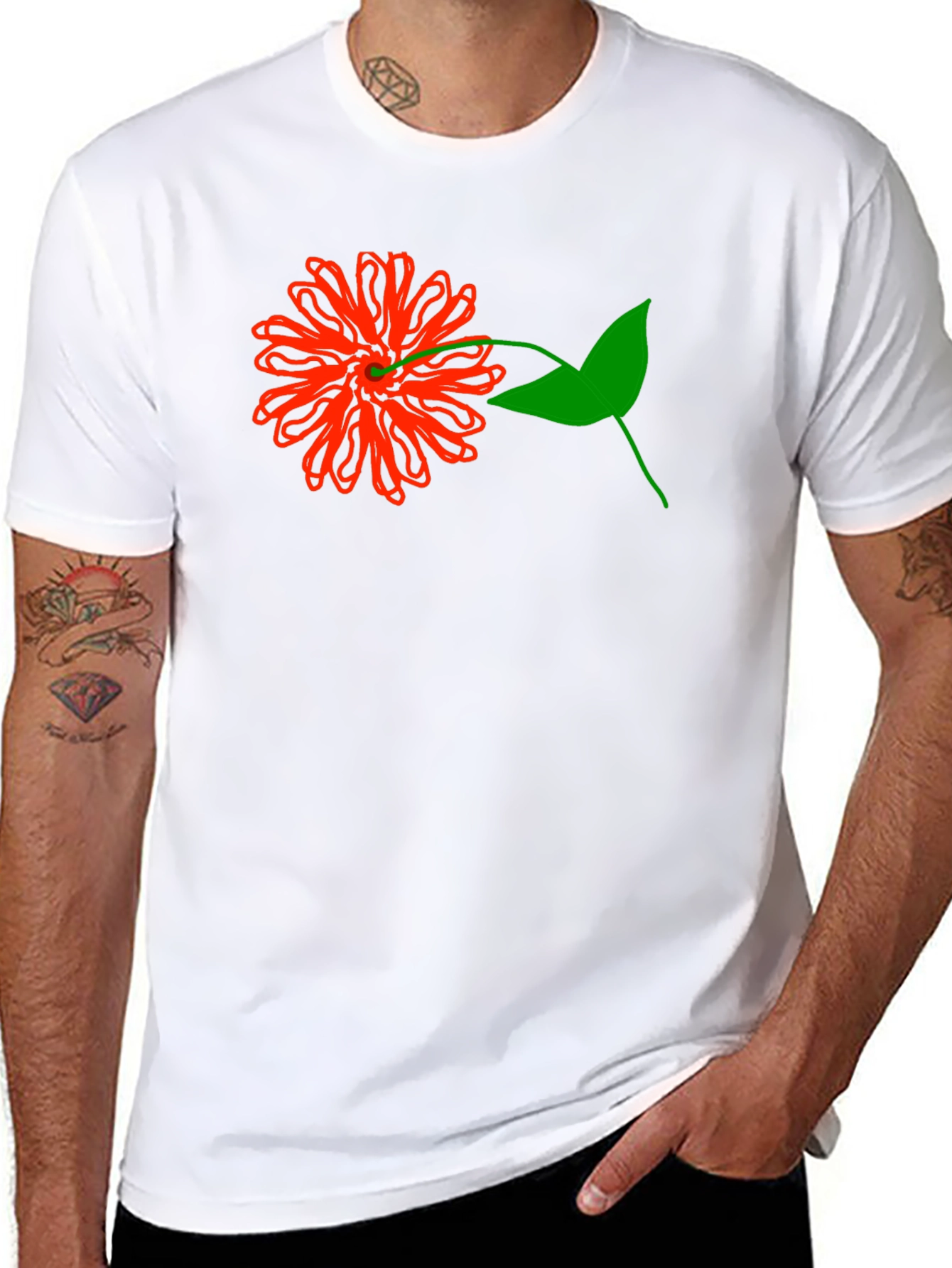 Red Flower Graphic Tee - Black Cotton T-Shirt