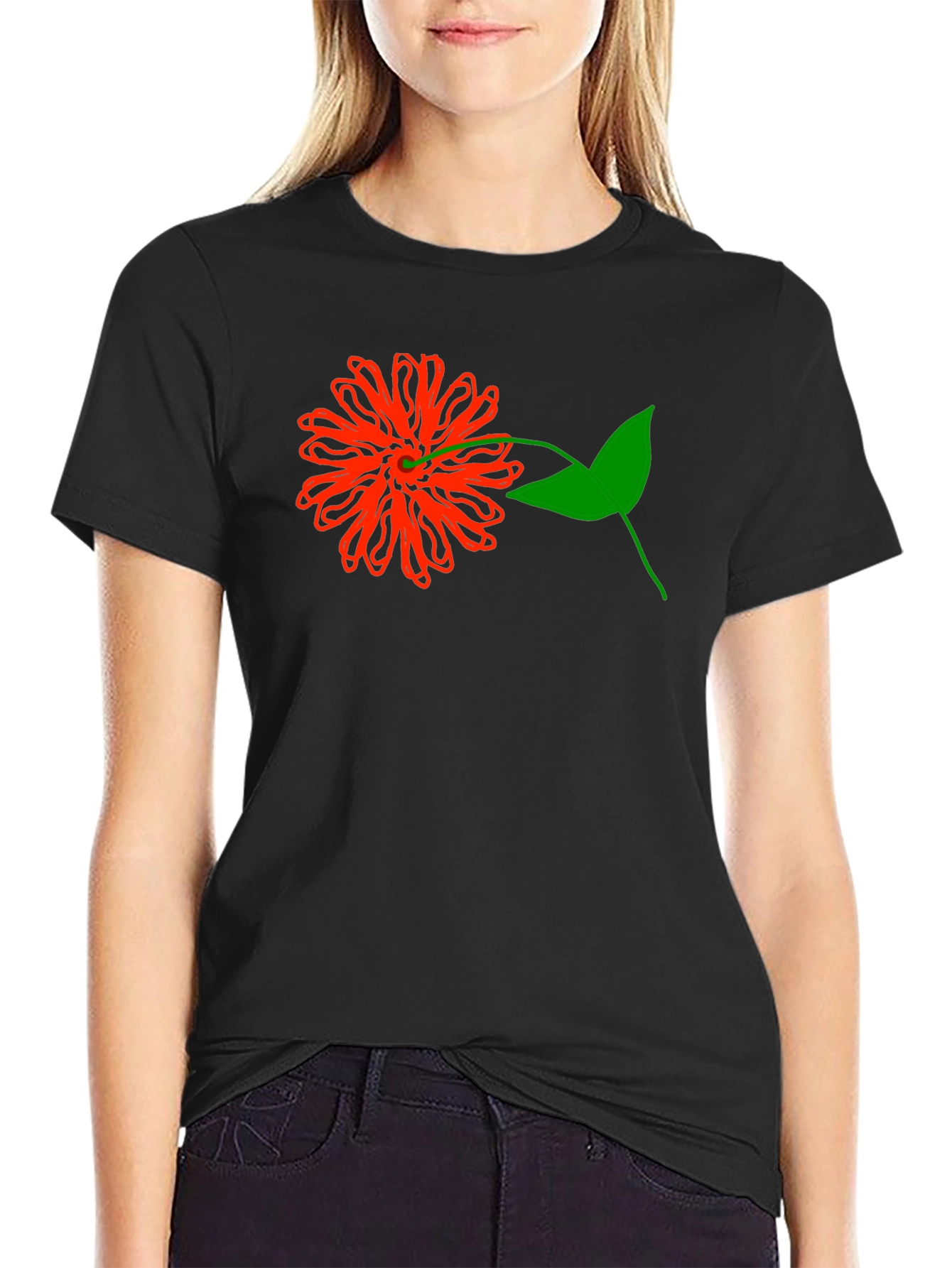 Red Flower Graphic Tee - Black Cotton T-Shirt