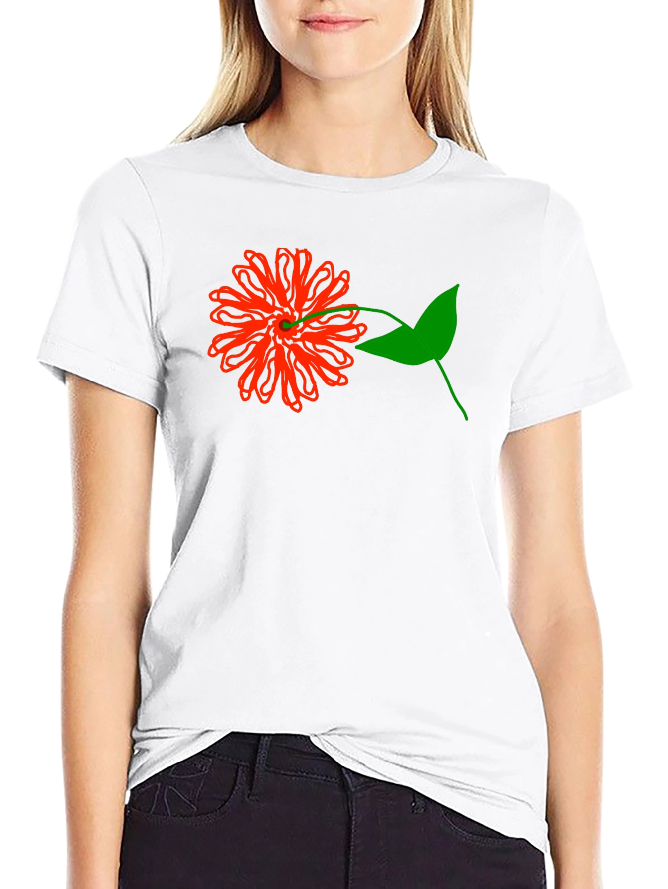 Red Flower Graphic Tee - Black Cotton T-Shirt