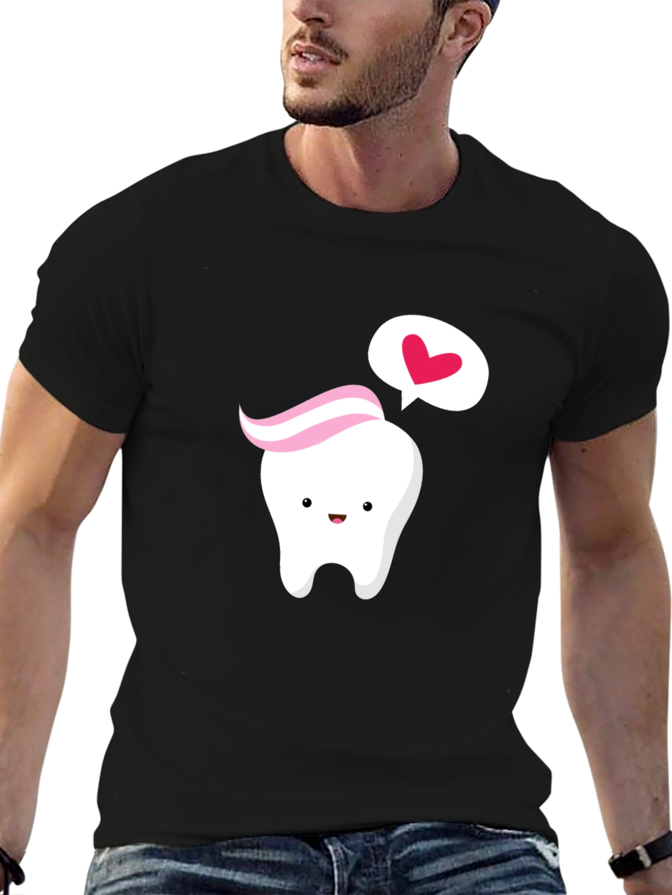 Cute Tooth with Paste Heart Black T-Shirt