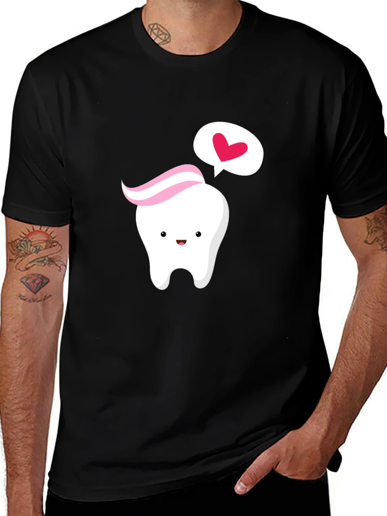 Cute Tooth with Paste Heart Black T-Shirt