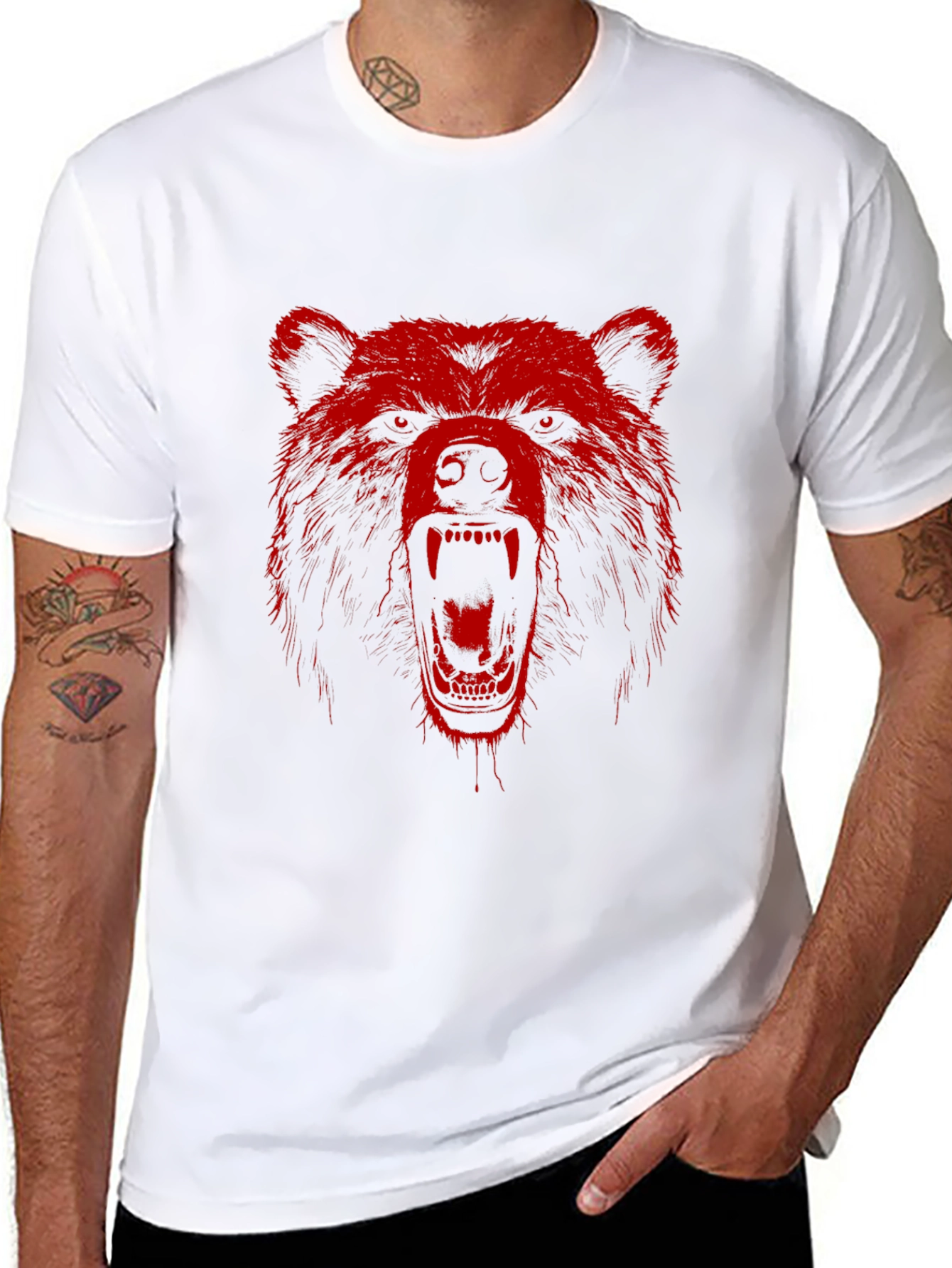 Red Bear Graphic Print Black T-Shirt