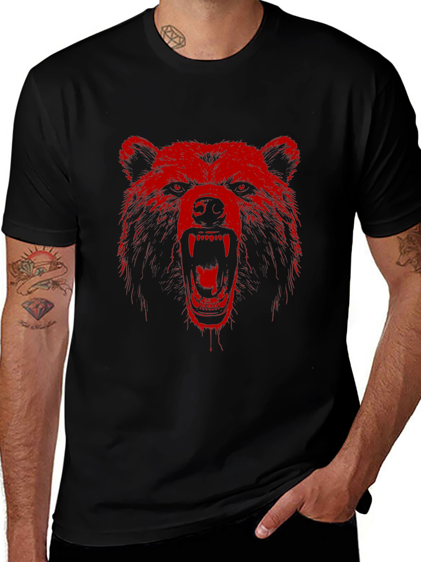 Red Bear Graphic Print Black T-Shirt