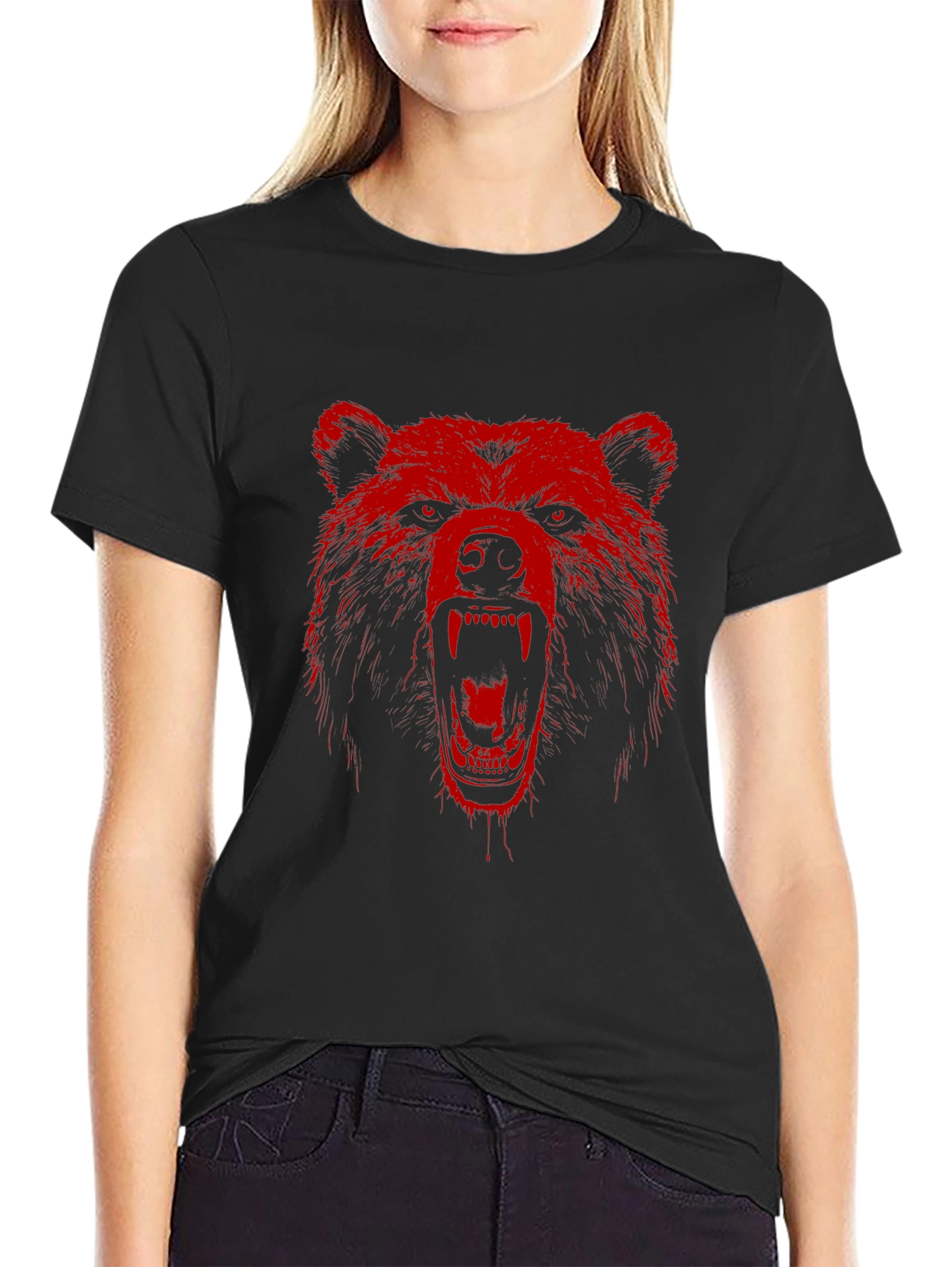 Red Bear Graphic Print Black T-Shirt
