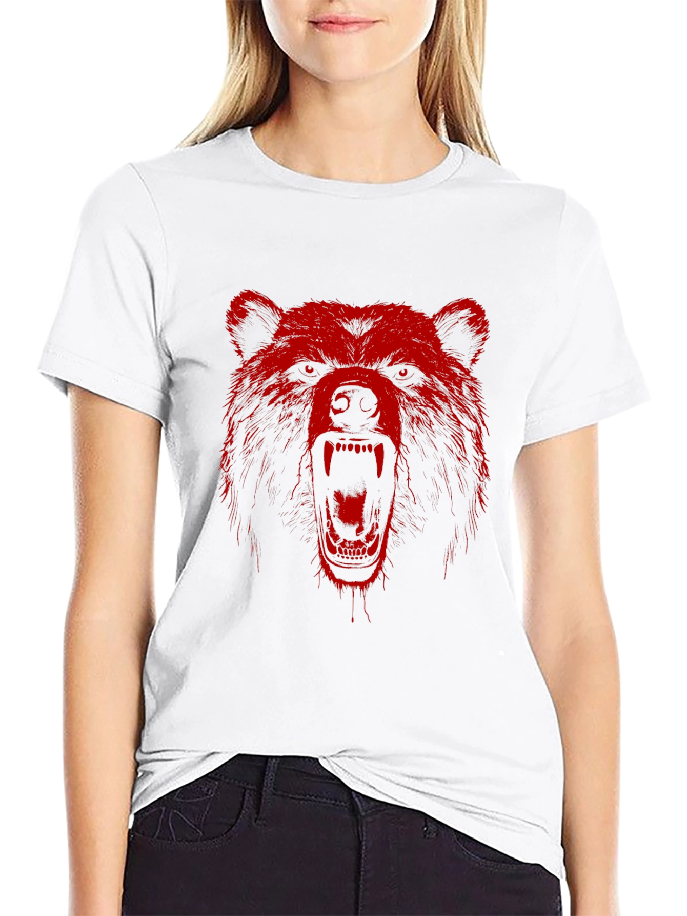 Red Bear Graphic Print Black T-Shirt