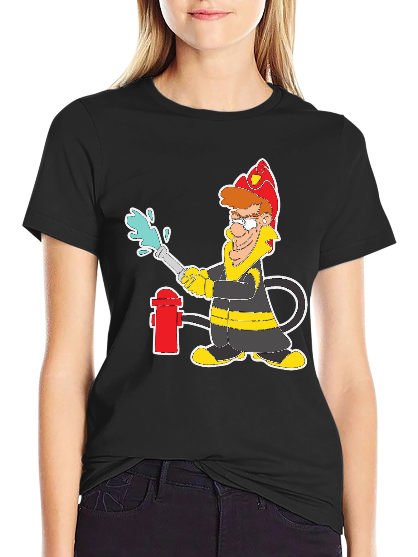 Cartoon Firefighter Graphic T-Shirt