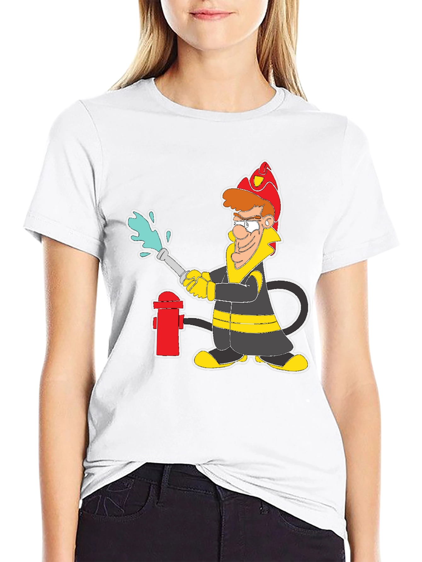 Cartoon Firefighter Graphic T-Shirt