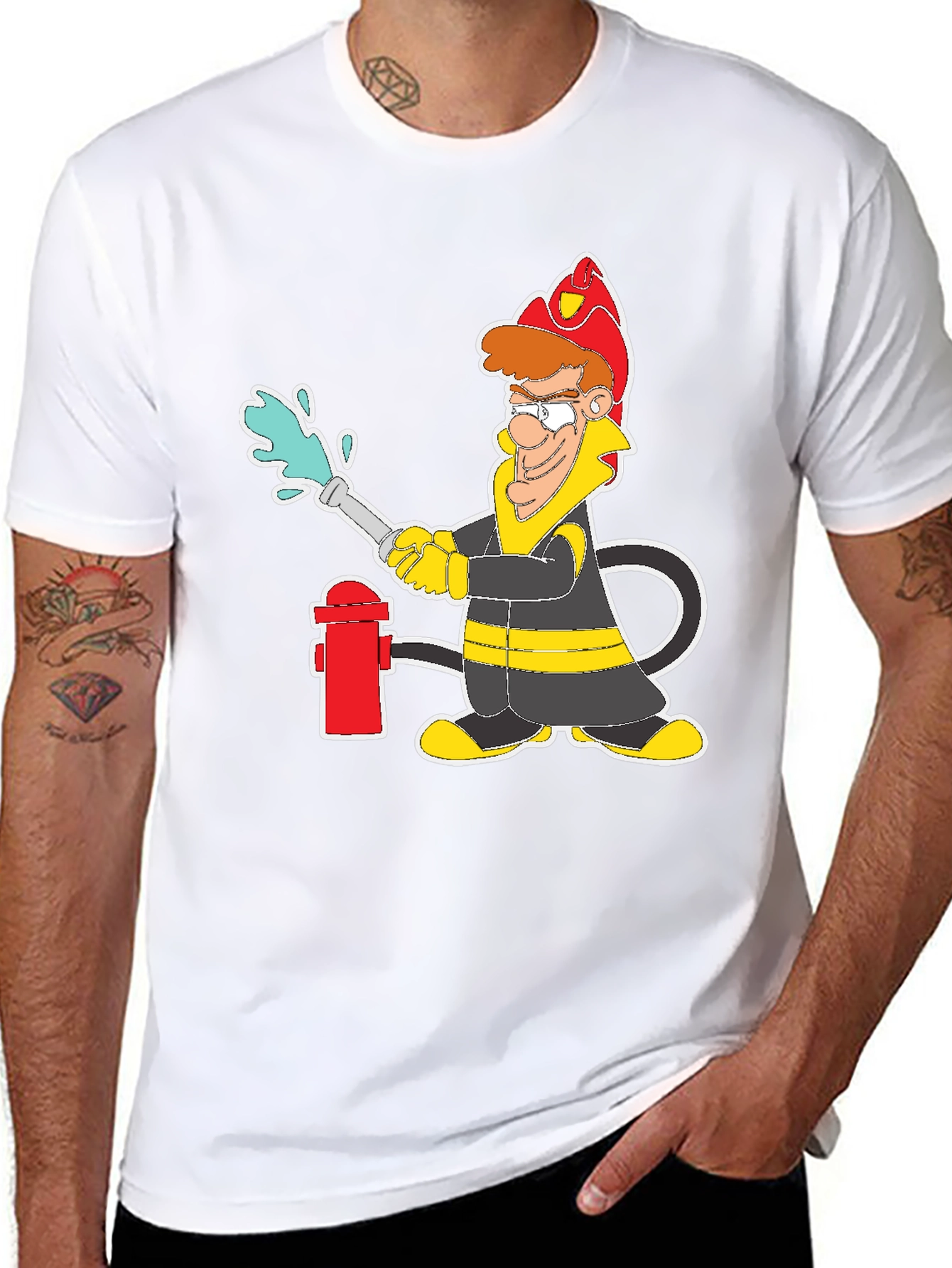 Cartoon Firefighter Graphic T-Shirt