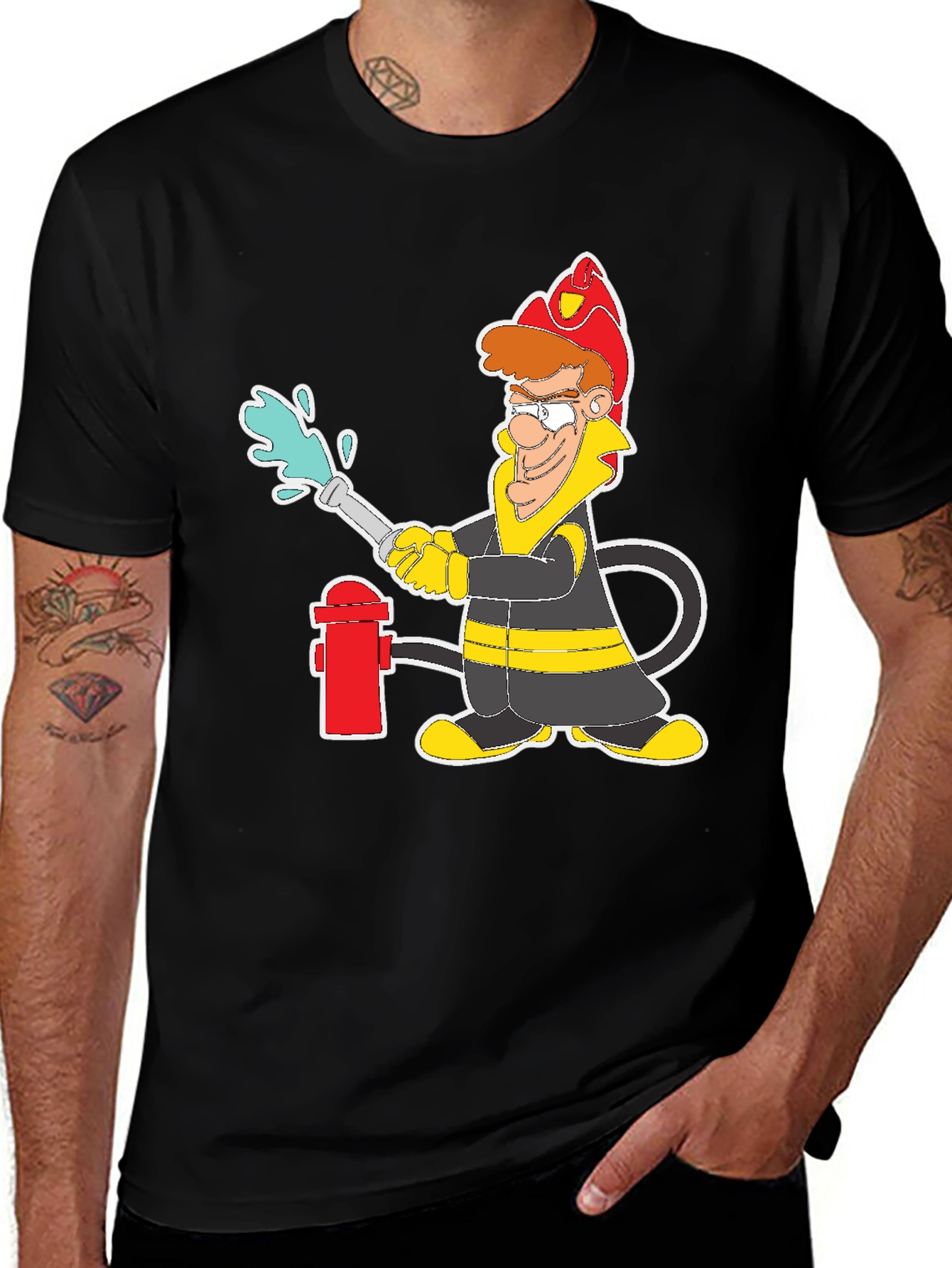 Cartoon Firefighter Graphic T-Shirt
