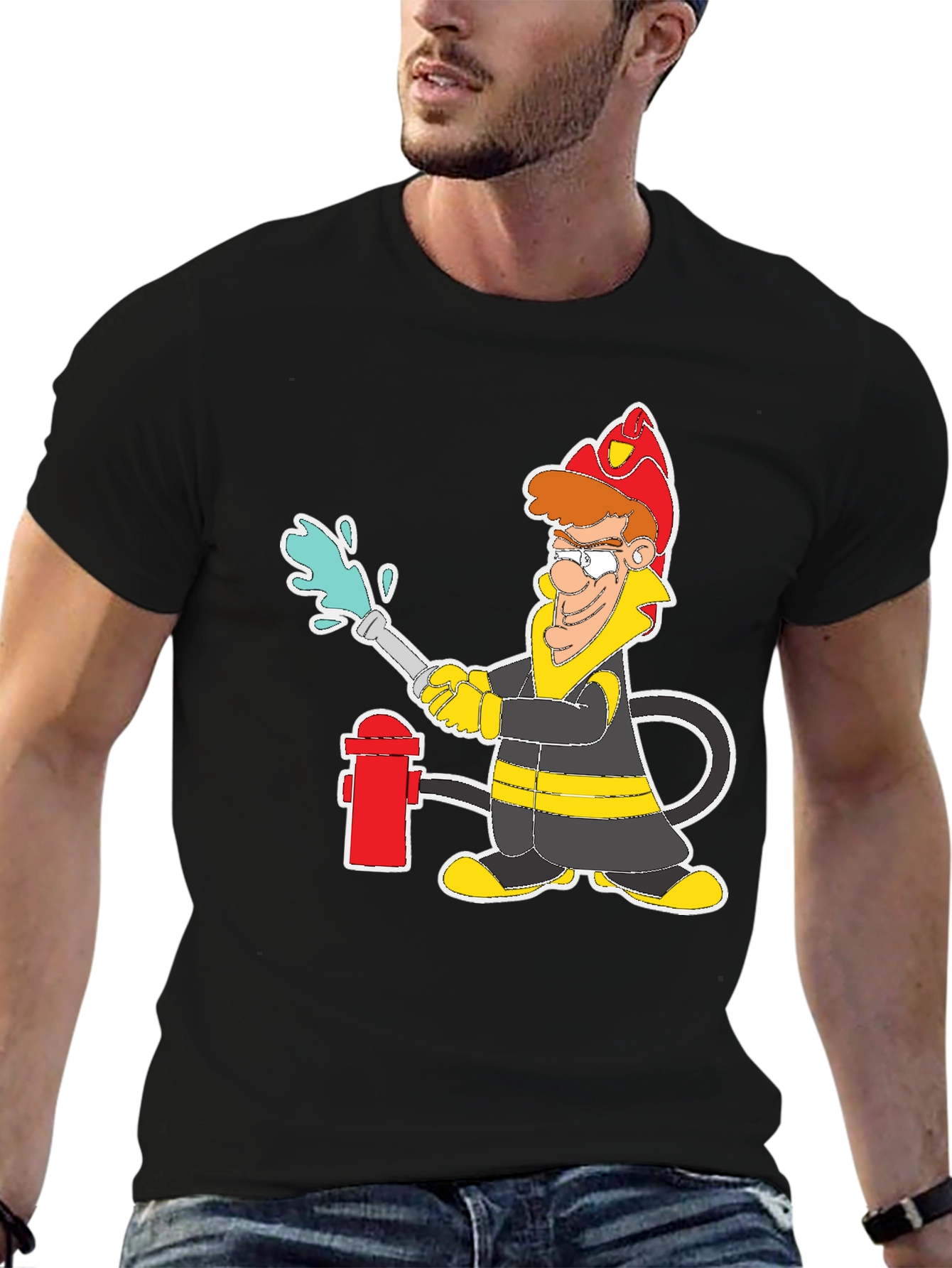Cartoon Firefighter Graphic T-Shirt