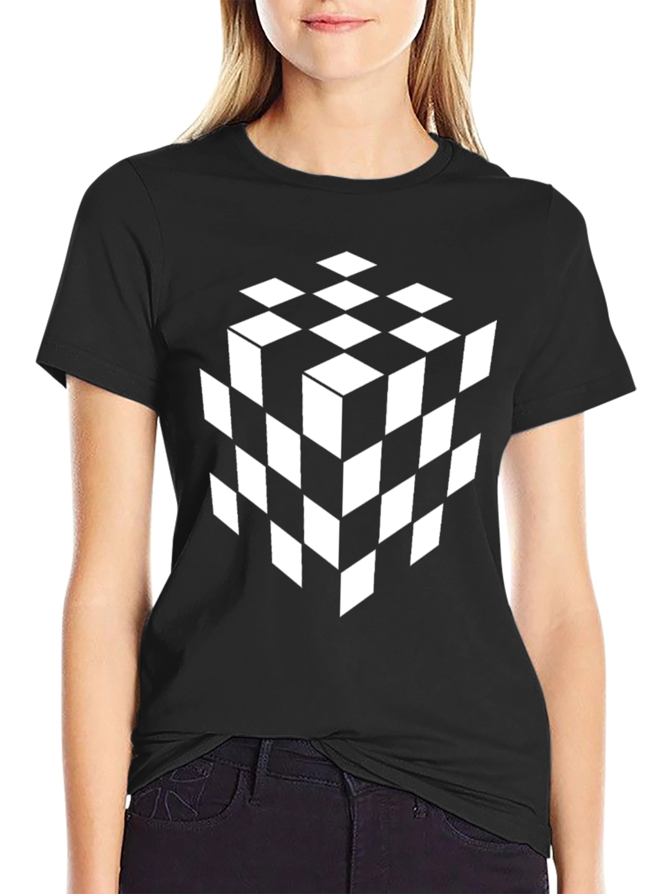 Geometric Illusion Cube Graphic Tee - Black