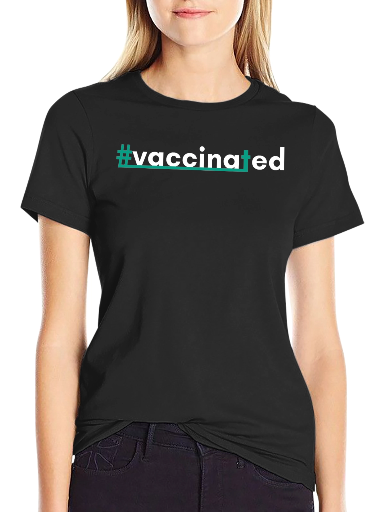 #vaccinated Black Cotton Blend Graphic T-Shirt
