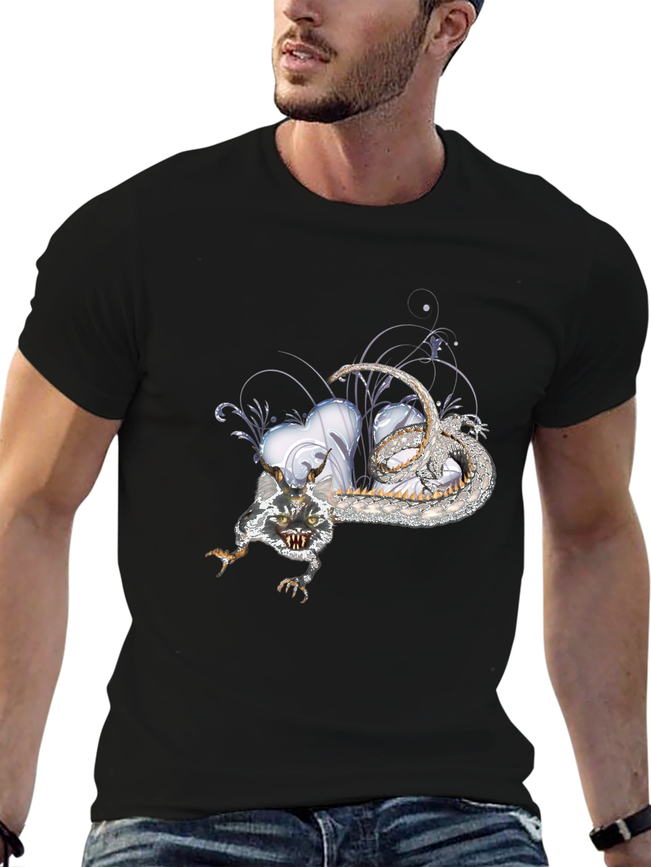 Mens Black Graphic Tee - Dragon & Heart Design