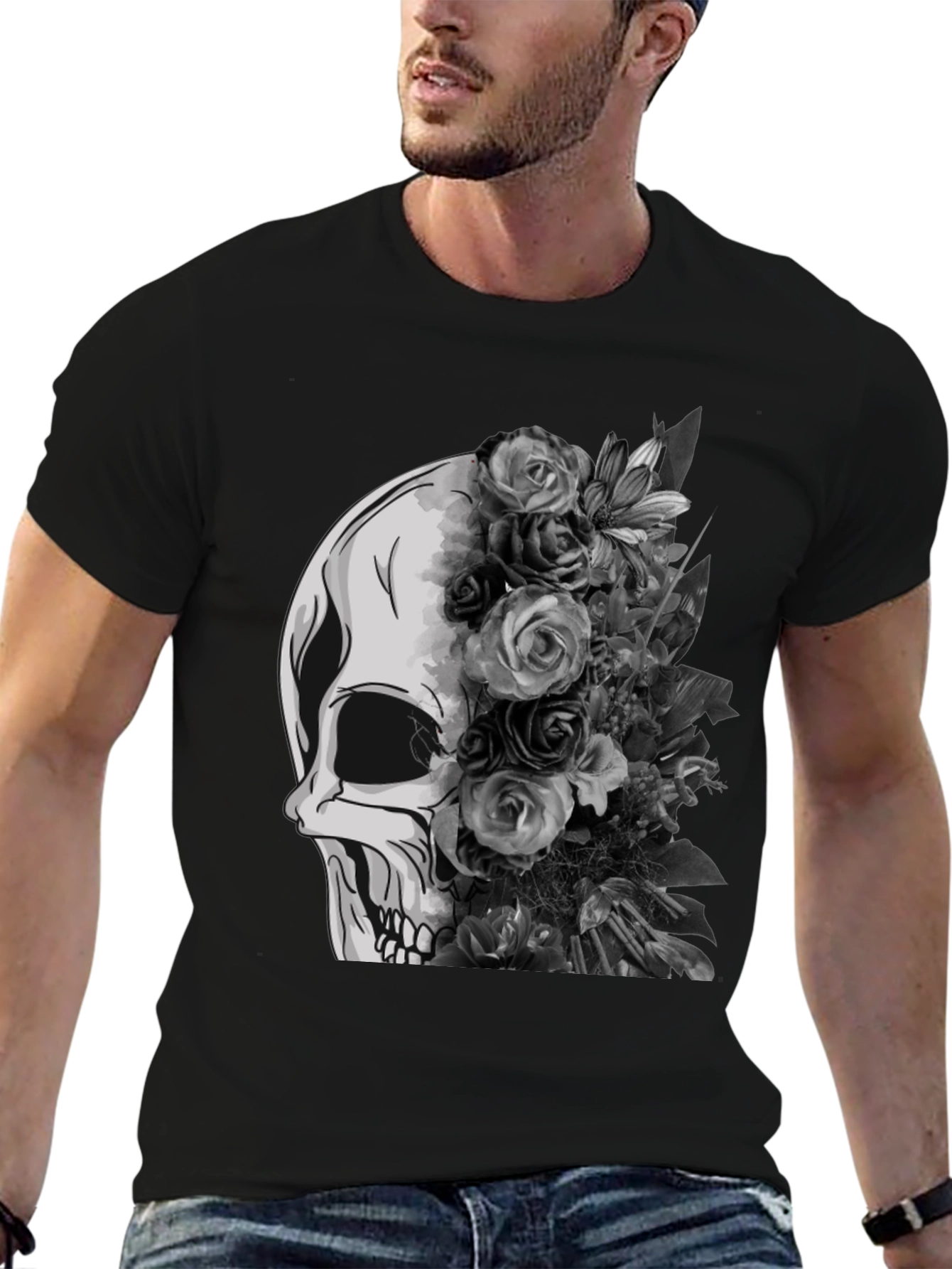 Skull and Floral Graphic Tee - Black