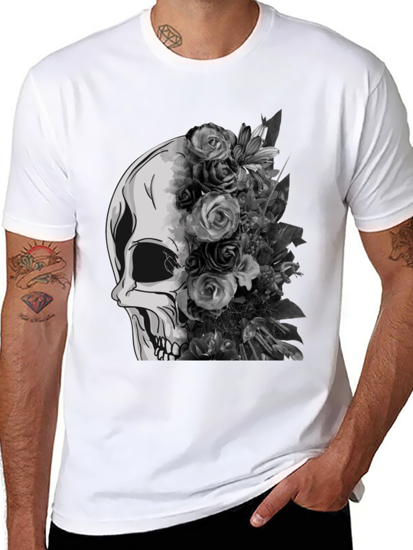 Skull and Floral Graphic Tee - Black