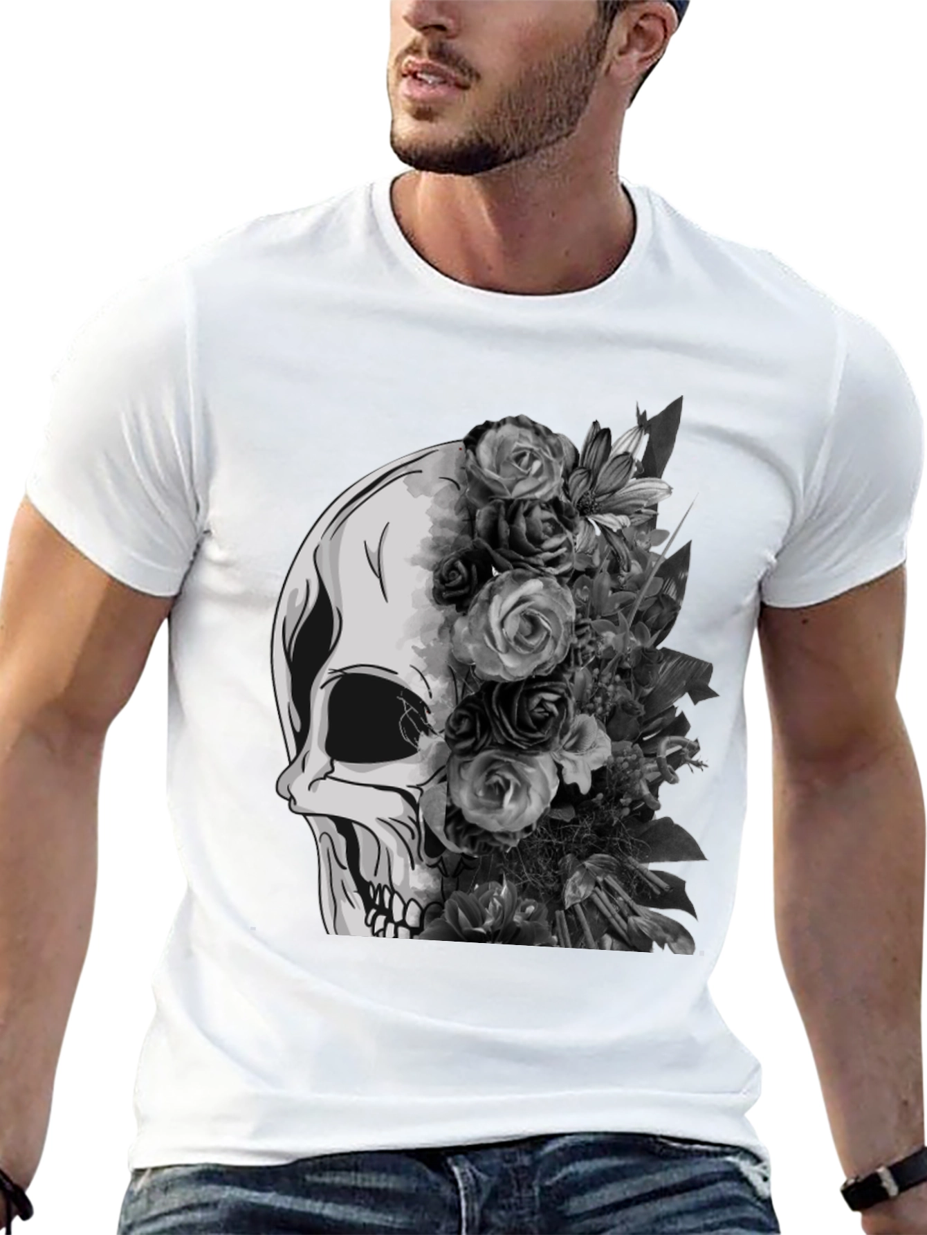 Skull and Floral Graphic Tee - Black
