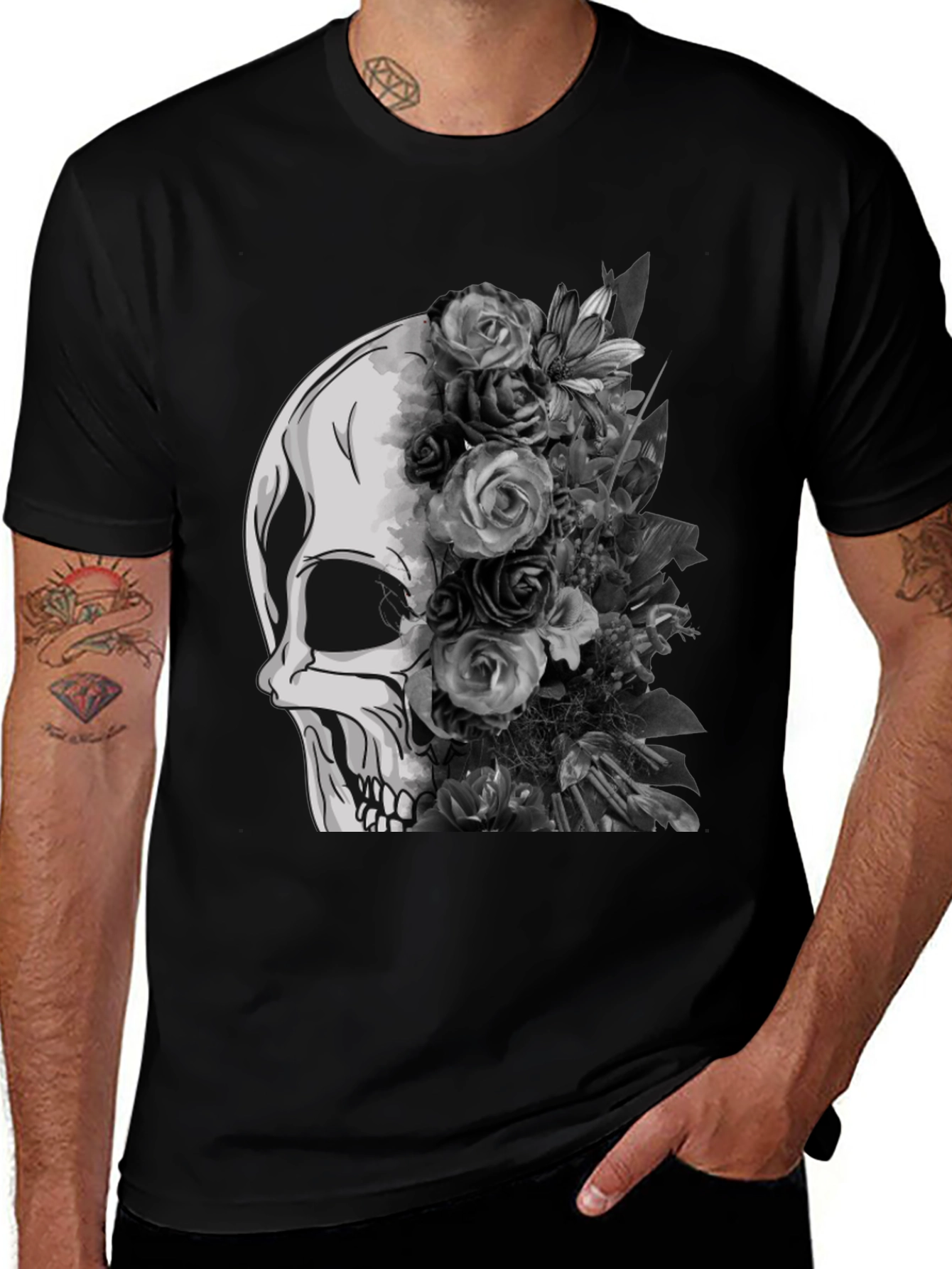 Skull and Floral Graphic Tee - Black