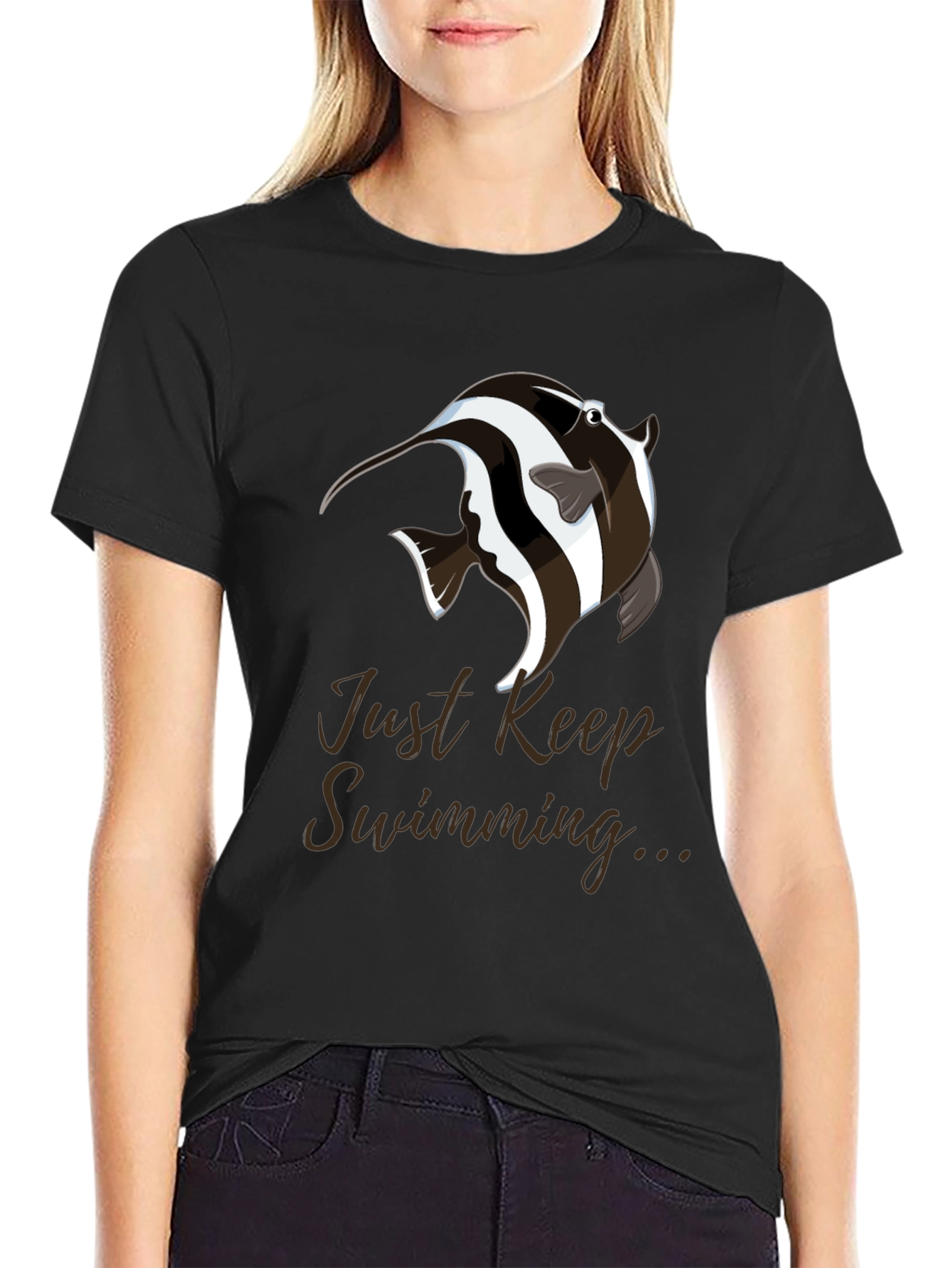 Just Keep Swimming T-Shirt - Black Cotton Blend
