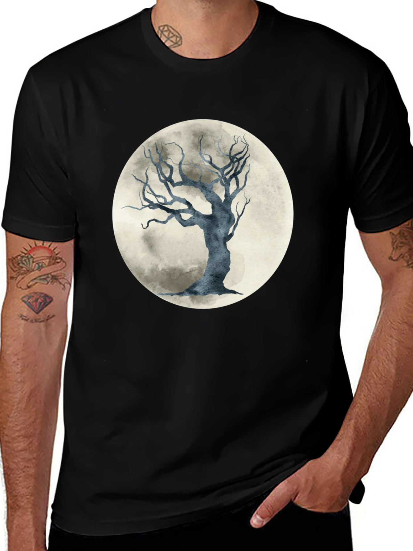 Moonlit Tree Graphic Tee - Stylish Black Cotton T-Shirt