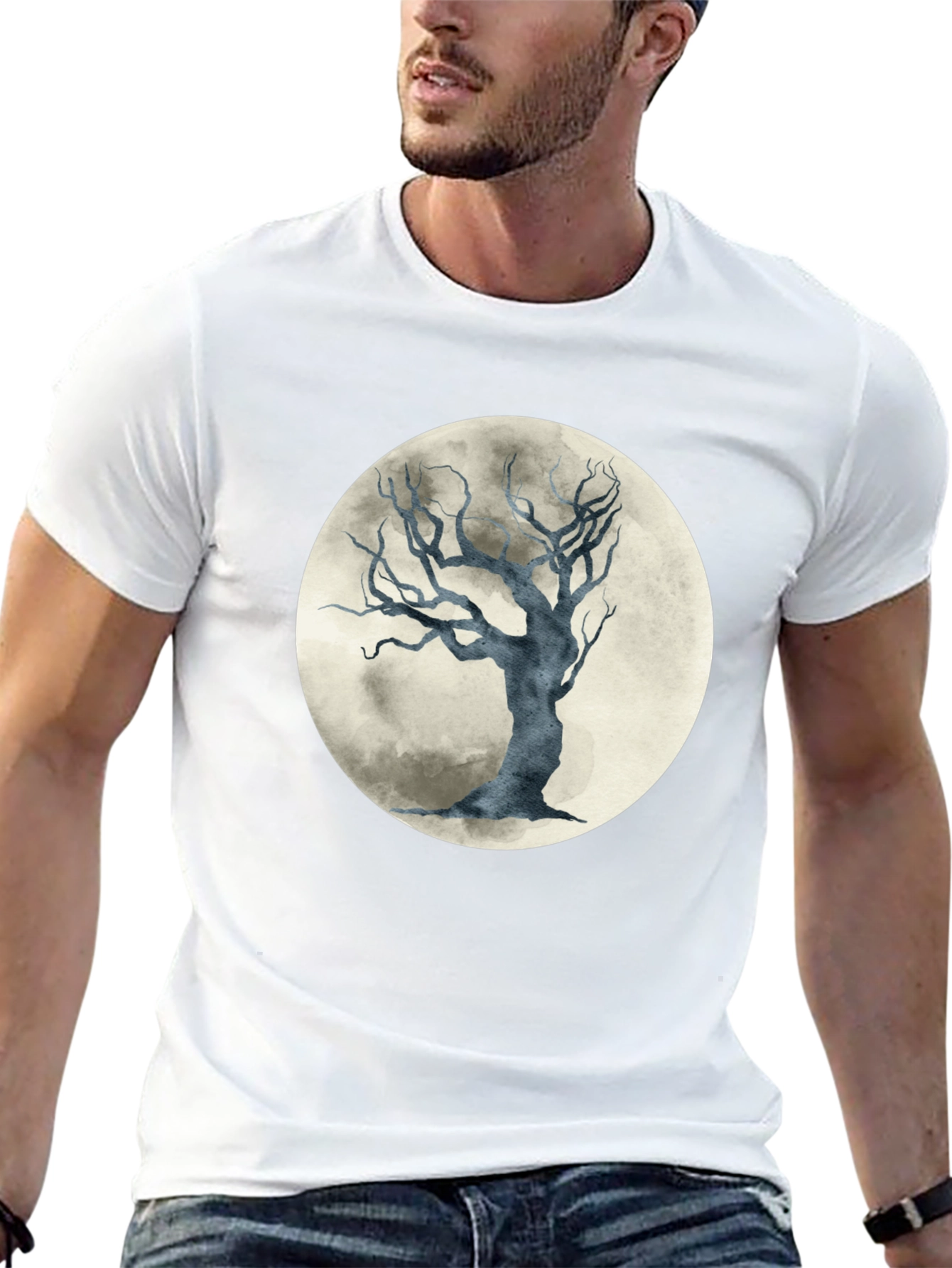 Moonlit Tree Graphic Tee - Stylish Black Cotton T-Shirt